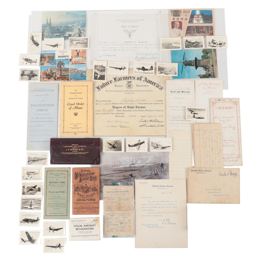 Signed Certificates, Documents, Postcards, and Other Ephemera