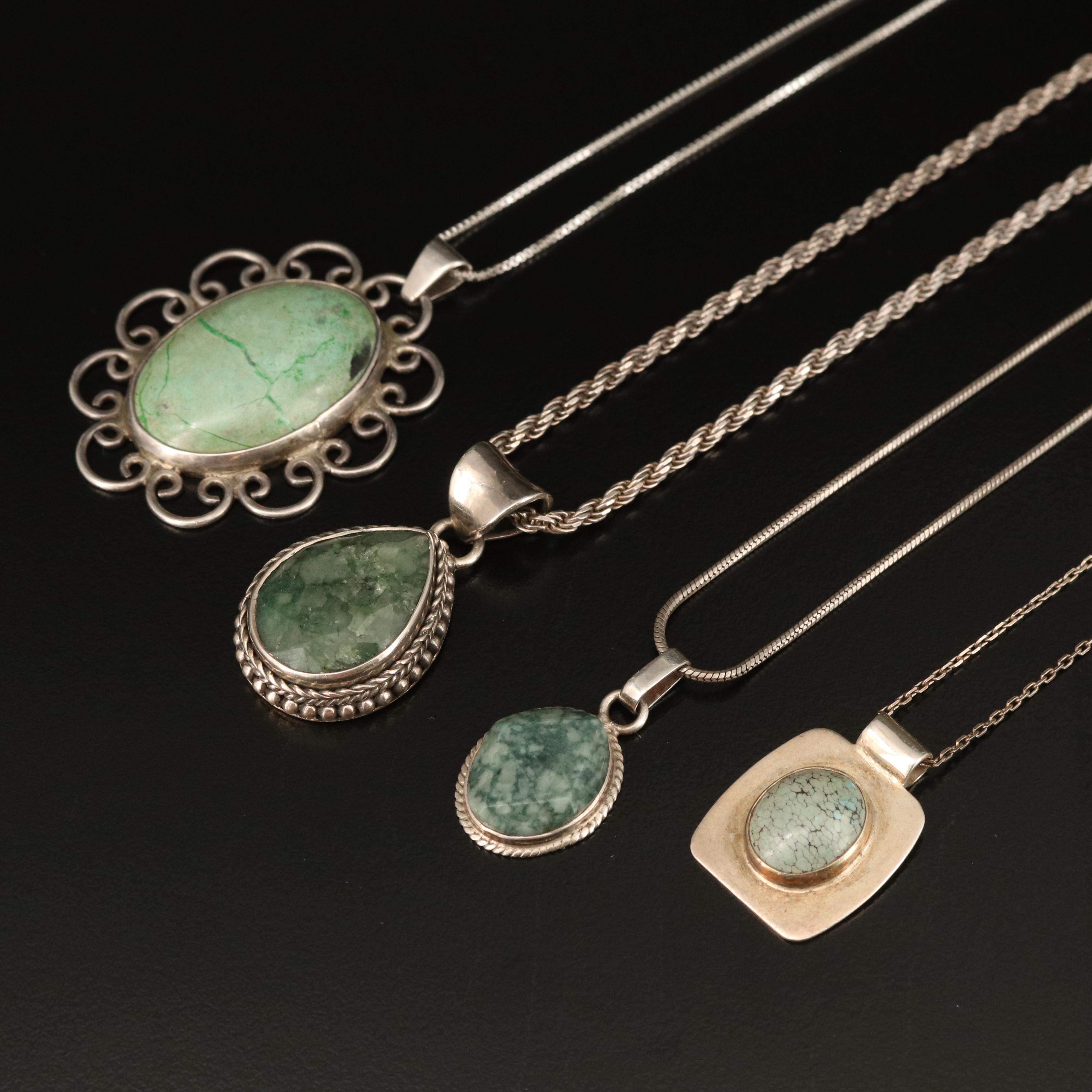 Sterling Pendant Necklaces with Turquoise, Jadeite and Beryl