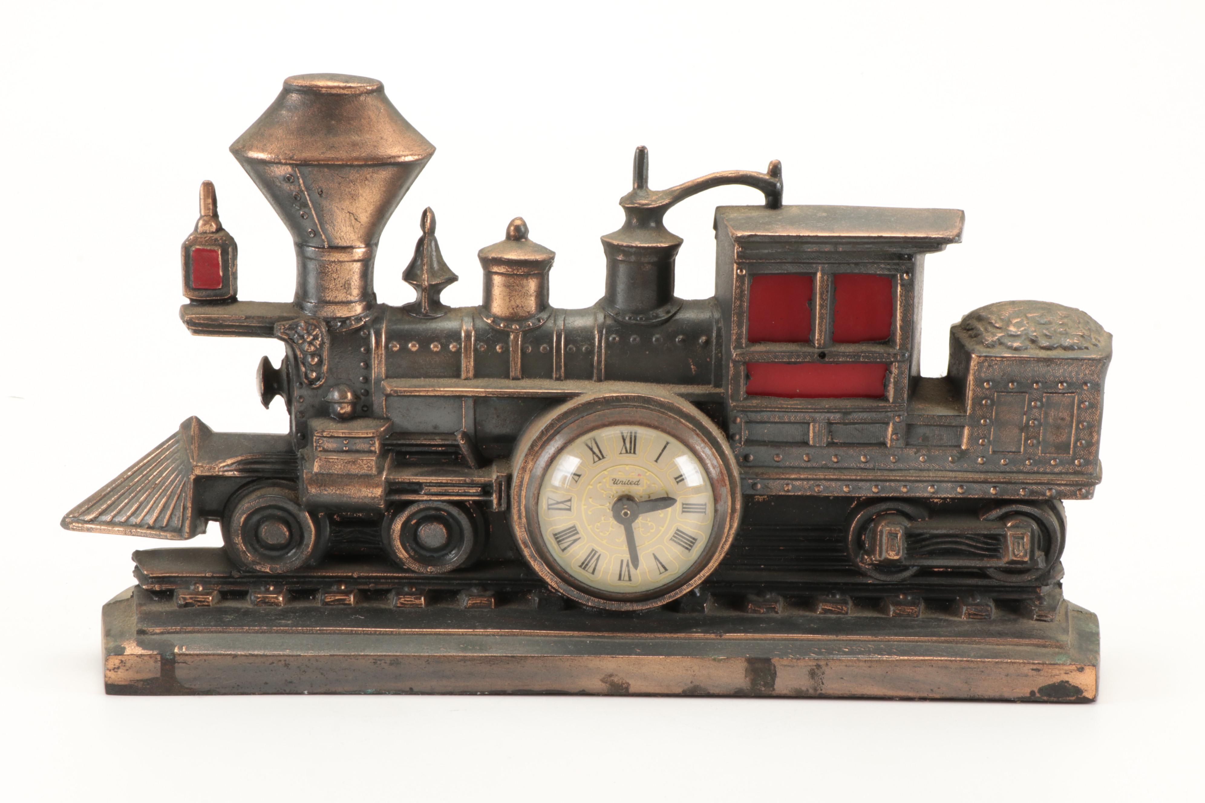 United Figural Train Clock with McCormick Bourbon Chalkware Decanter