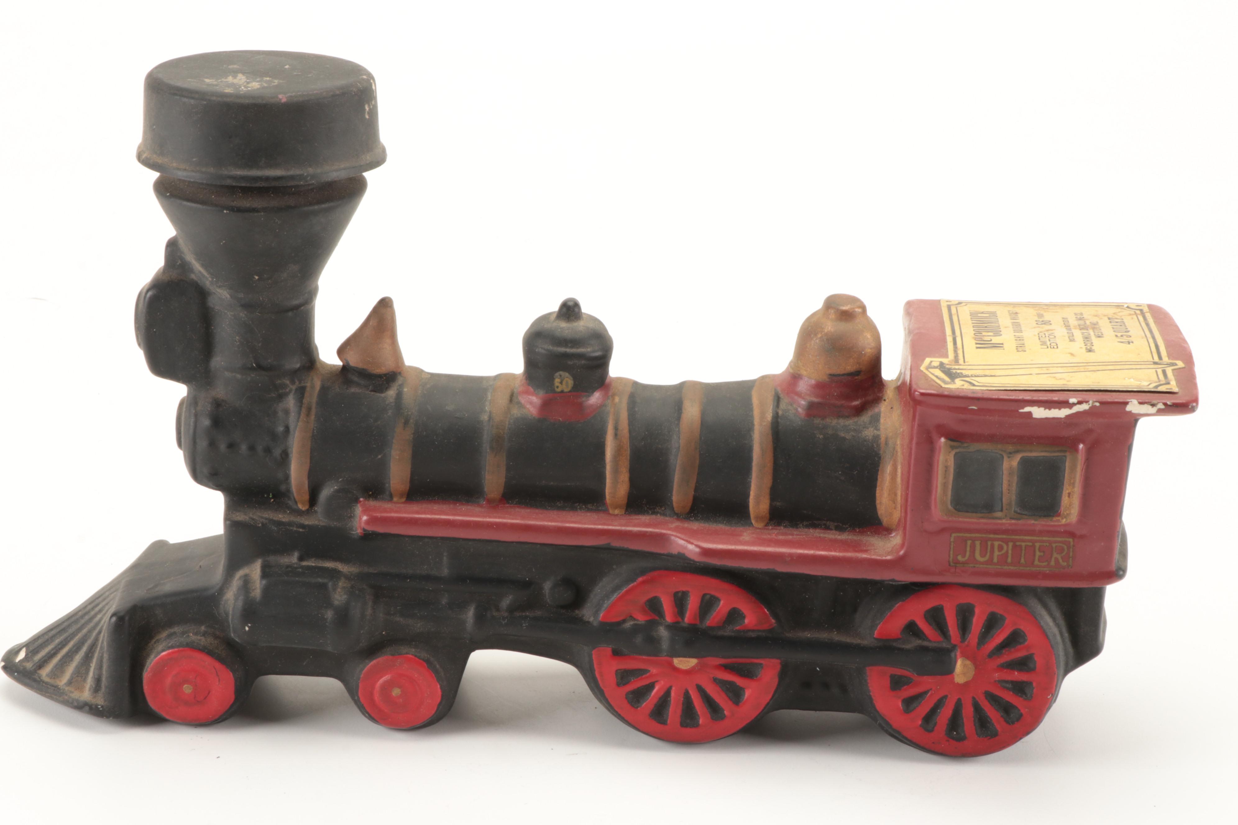 United Figural Train Clock with McCormick Bourbon Chalkware Decanter