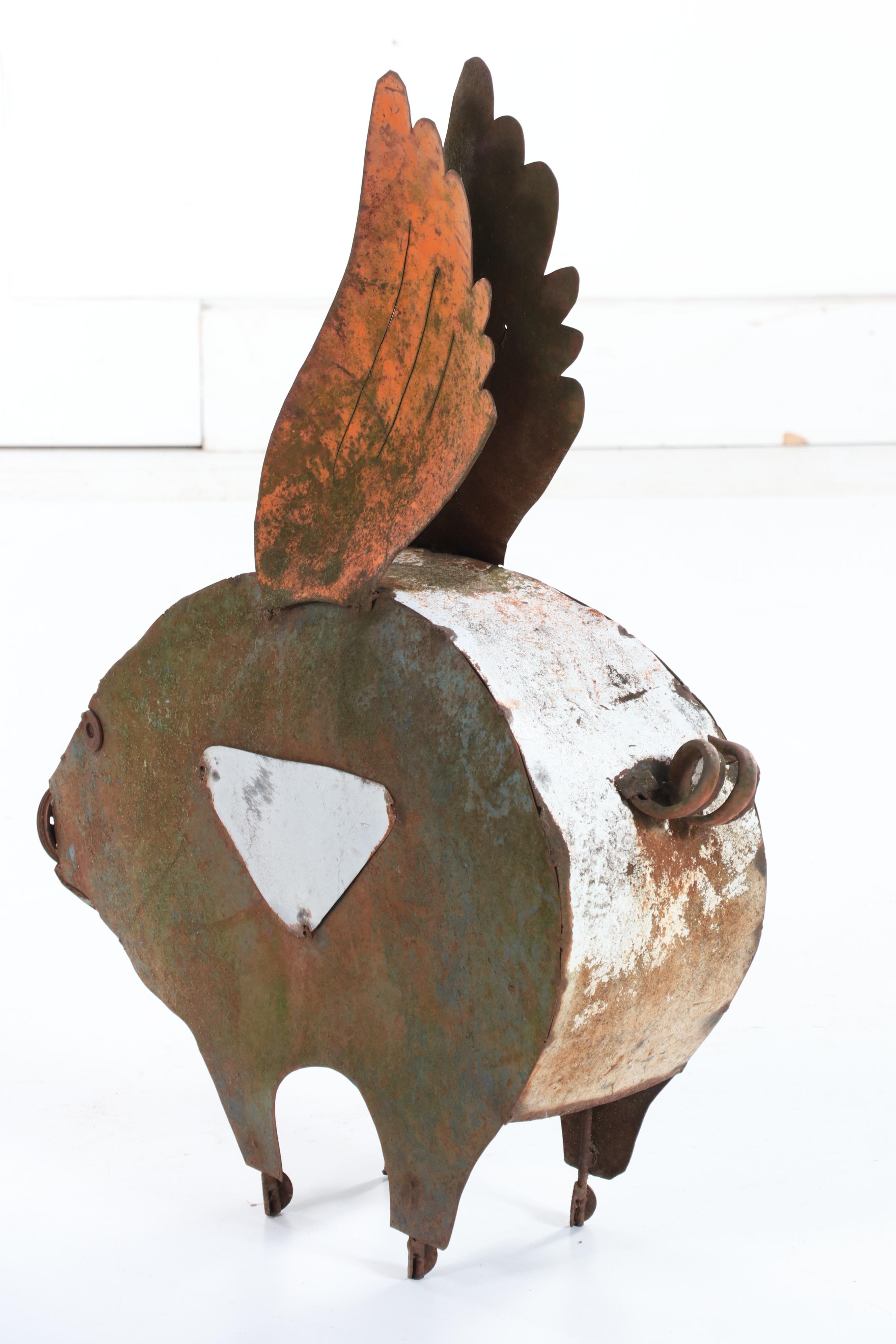 Folk Art Metal Sculpture of Winged Pig