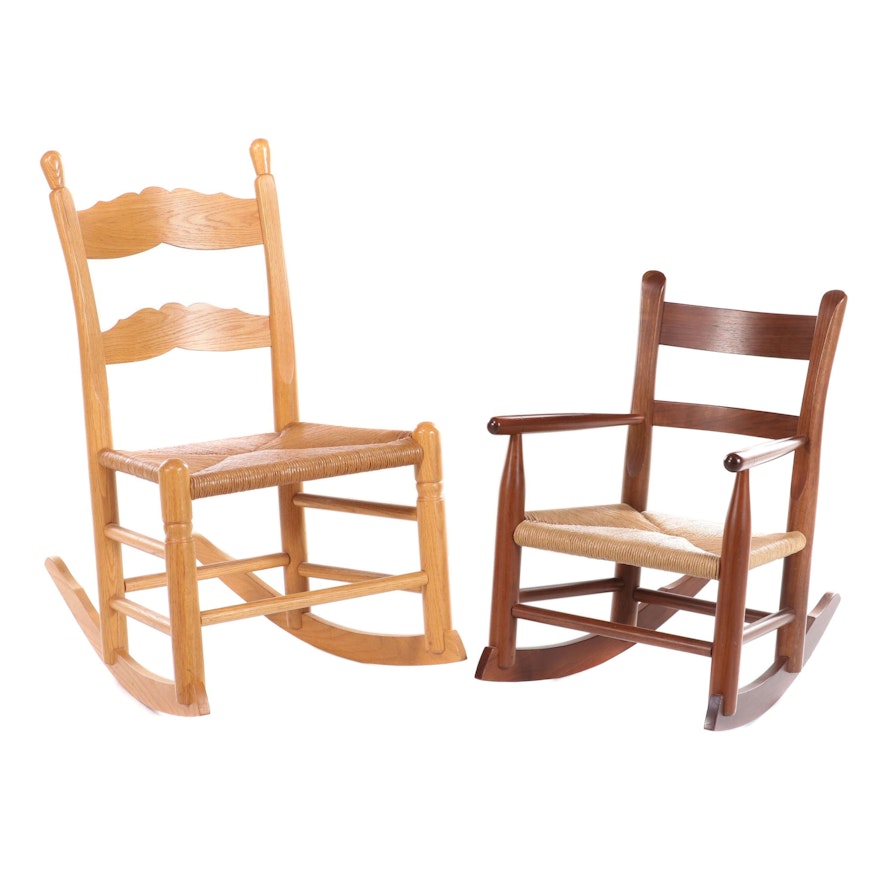 Two Rush-Seated Child's Rocking Chairs in Oak and Mahogany