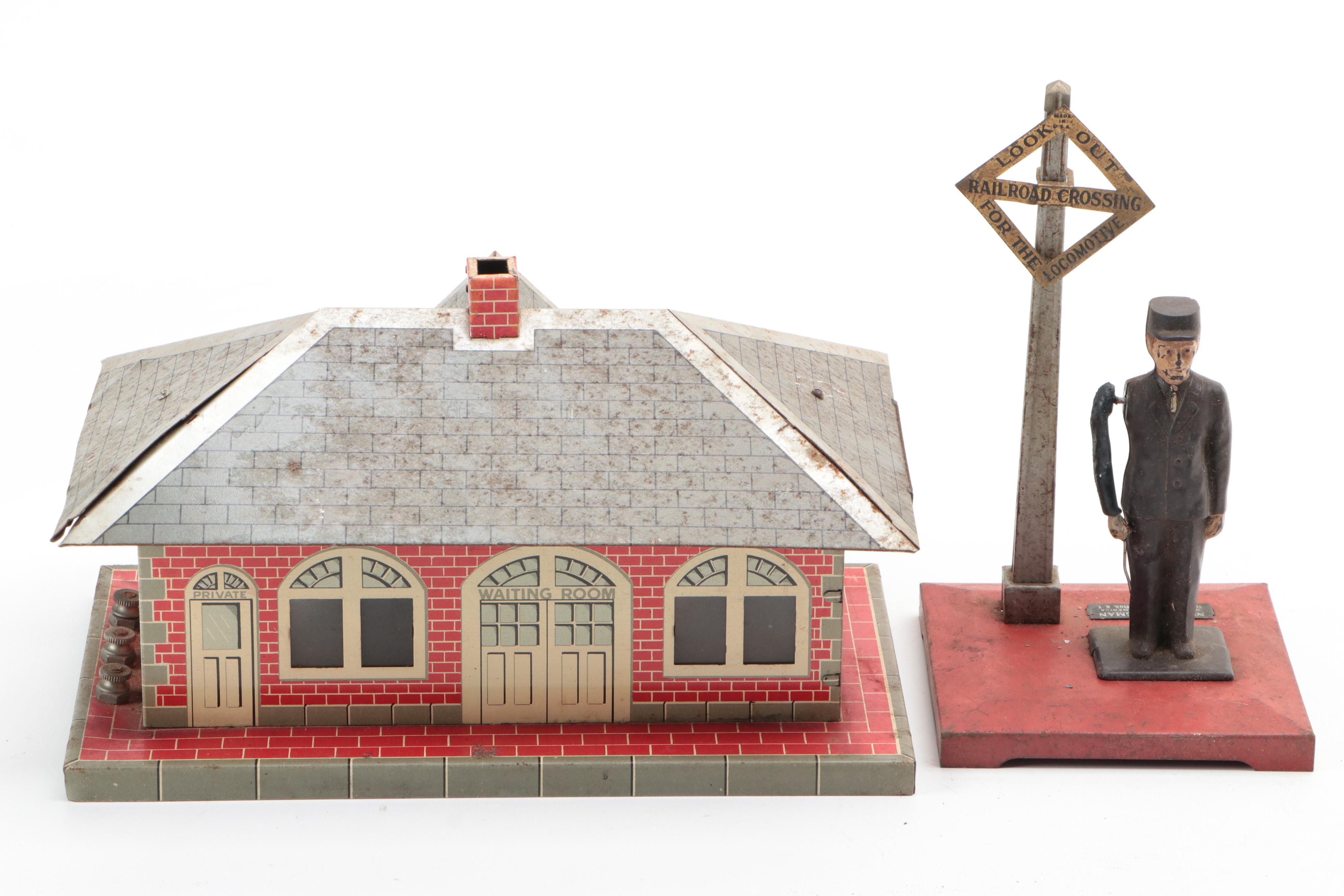 Marx Girard Train Station with Lionel No.1045 Flagman and Other Accessories