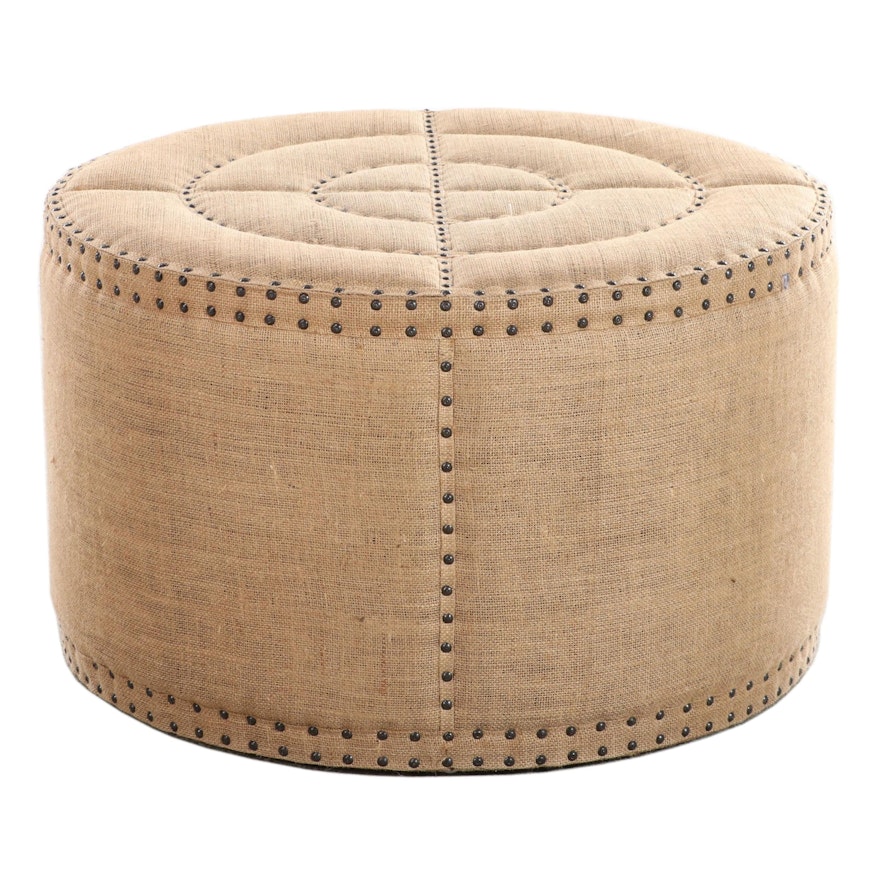 Contemporary Burlap Covered Cocktail Ottoman with Nailhead Trim