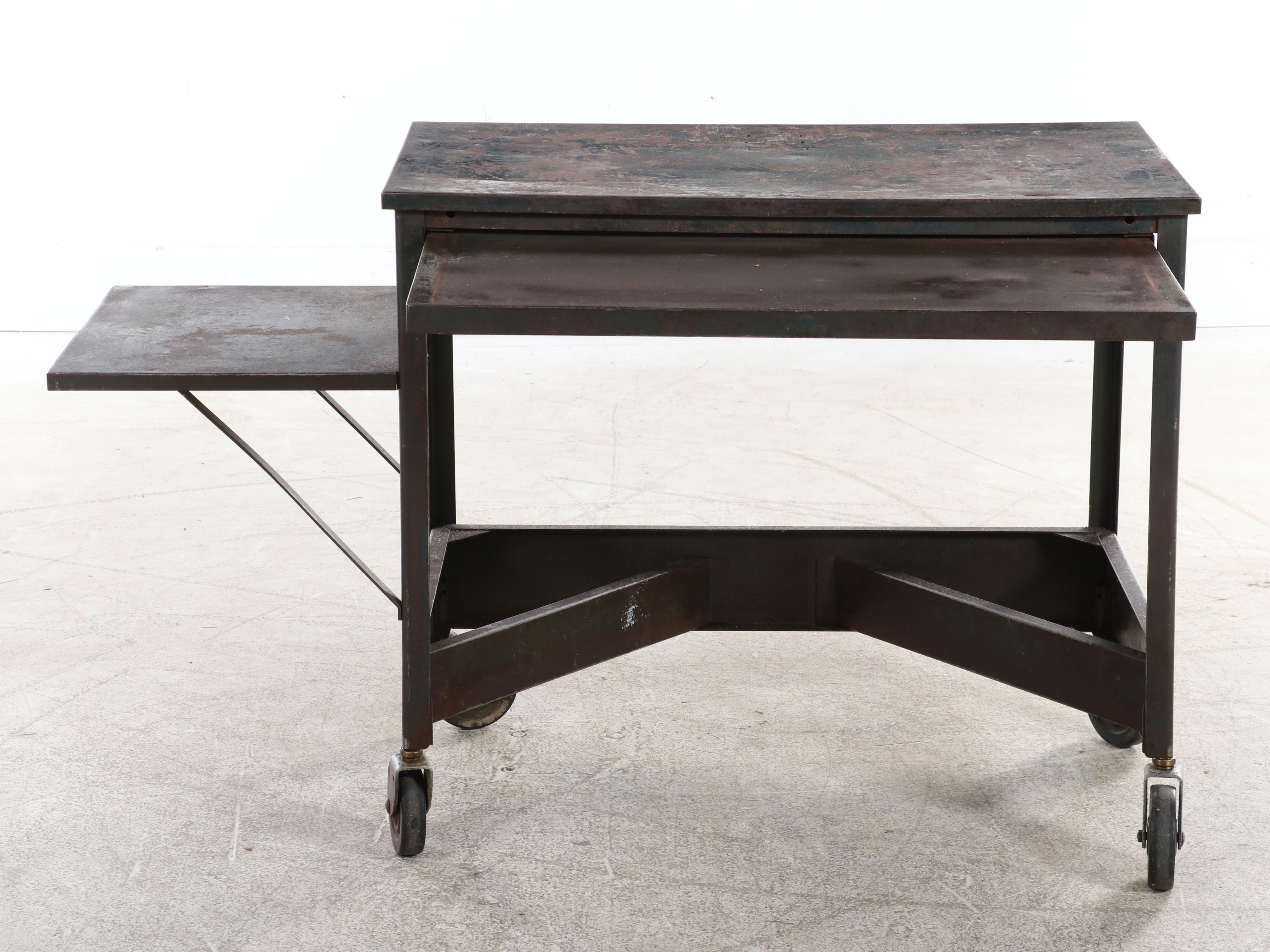 Industrial Steel Cart with Bracket Shelf and Draw-Leaf Work Surface