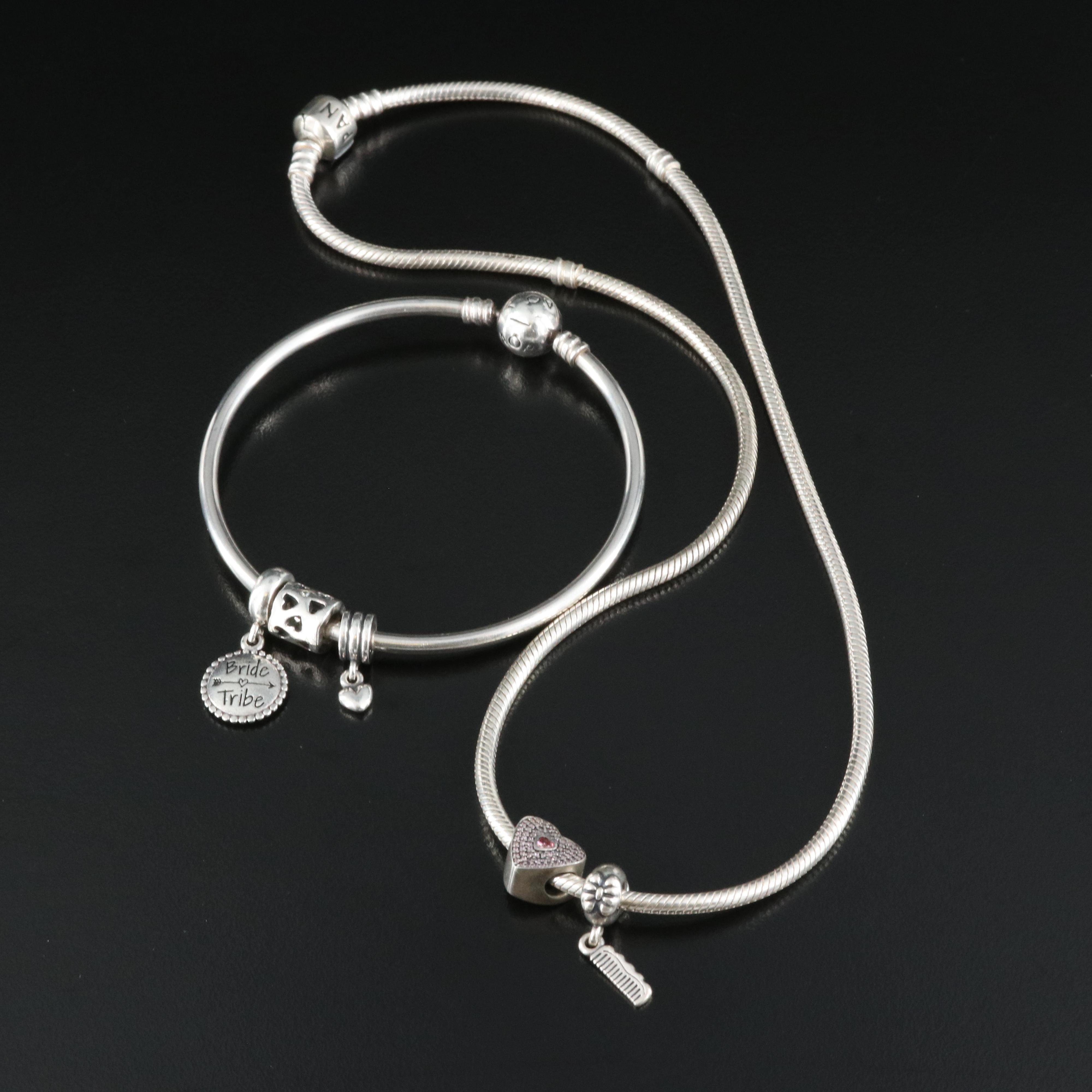 Pandora Sterling Charm Necklace and Bracelet with Cubic Zirconia Accents
