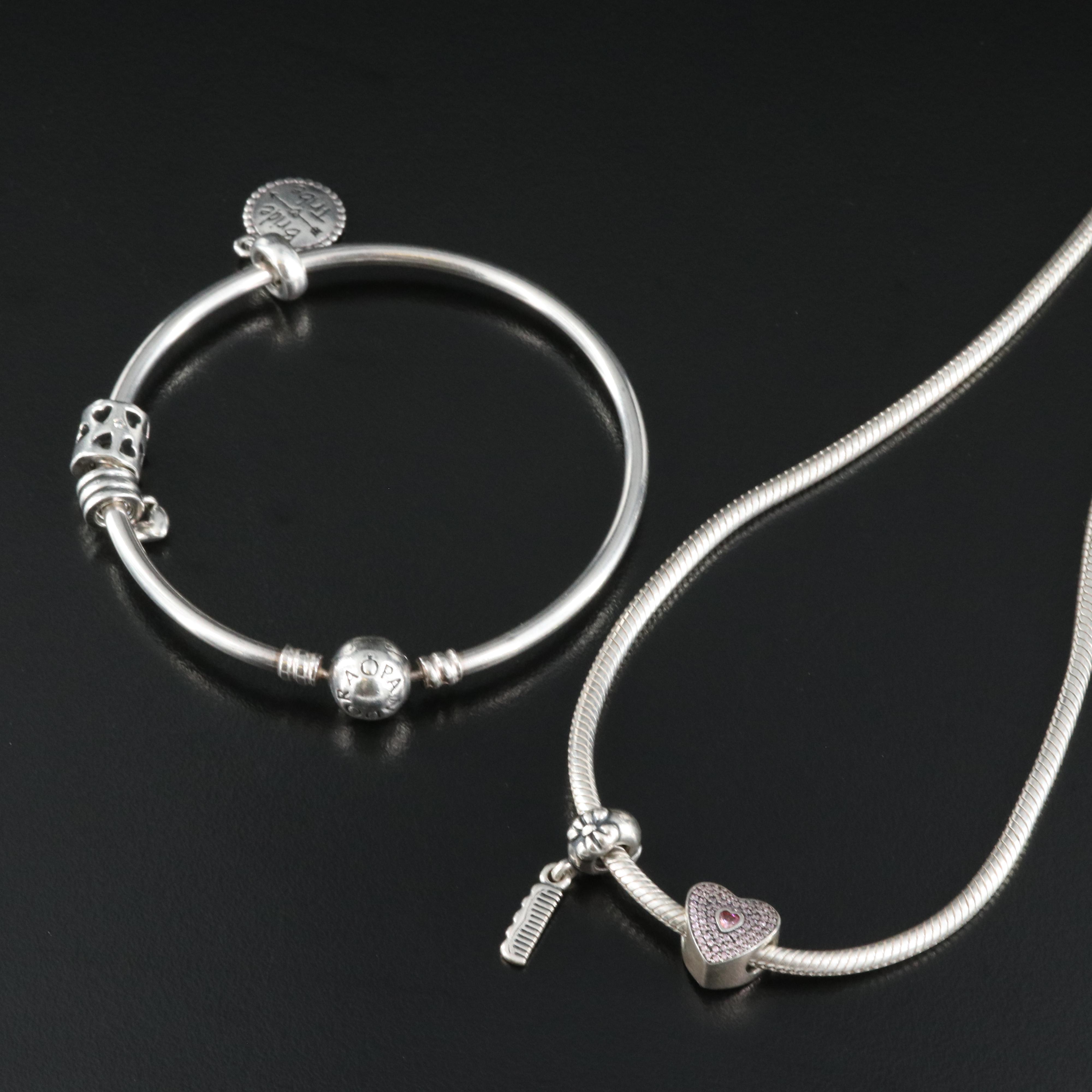Pandora Sterling Charm Necklace and Bracelet with Cubic Zirconia Accents