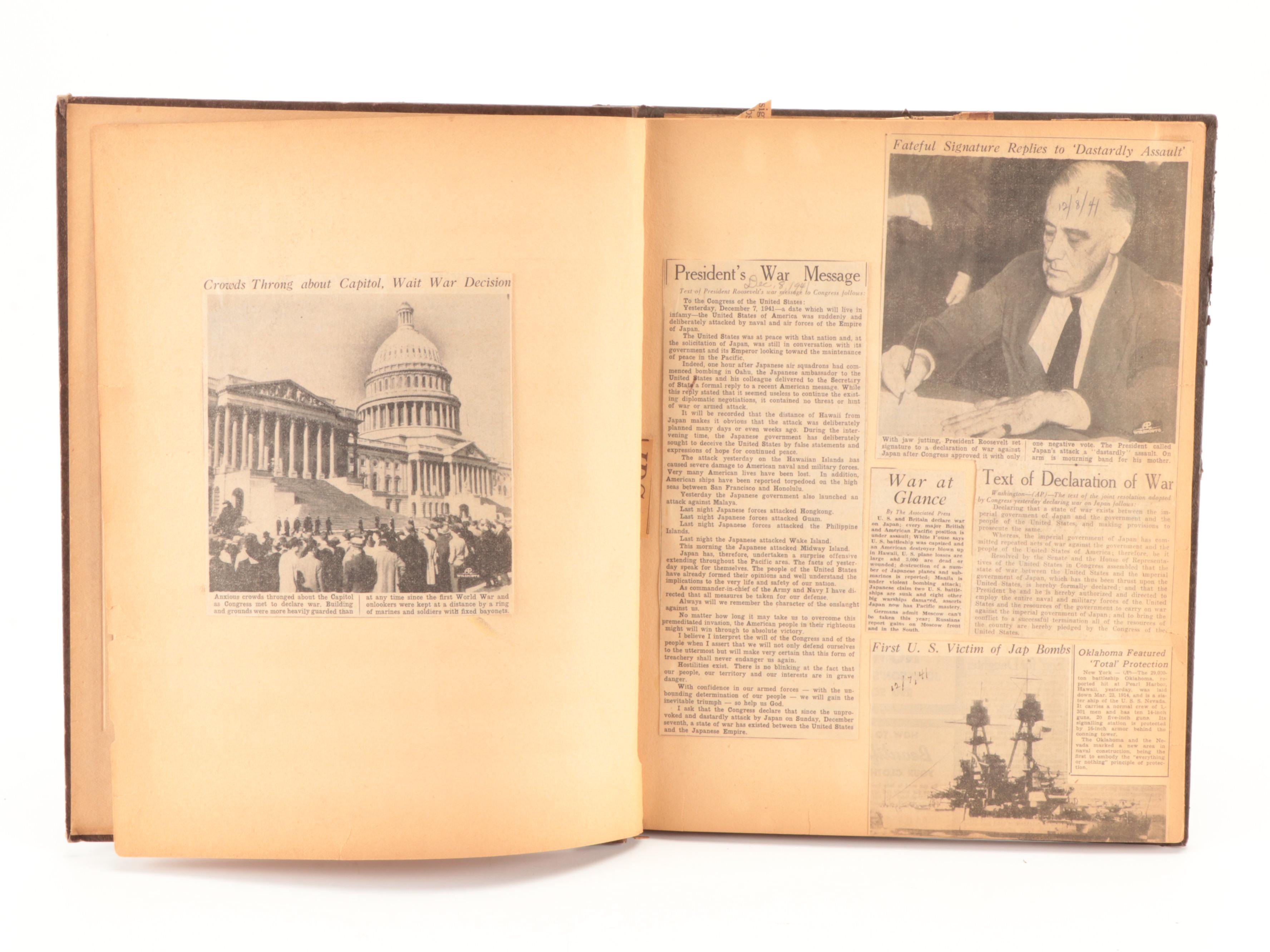 Spiro Agnew Trash Can with Scrapbook of WWII Headlines and Picture of FDR