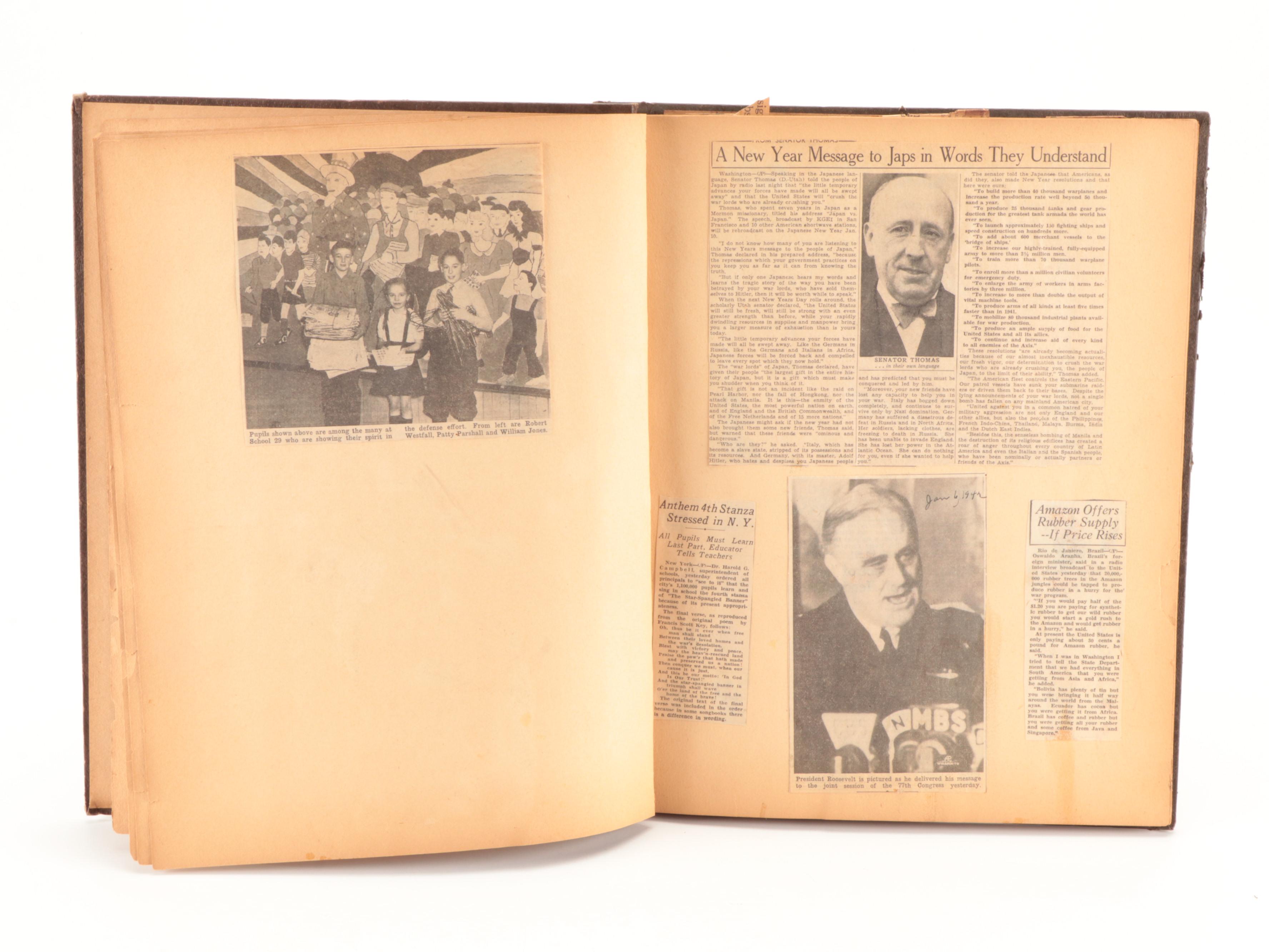 Spiro Agnew Trash Can with Scrapbook of WWII Headlines and Picture of FDR