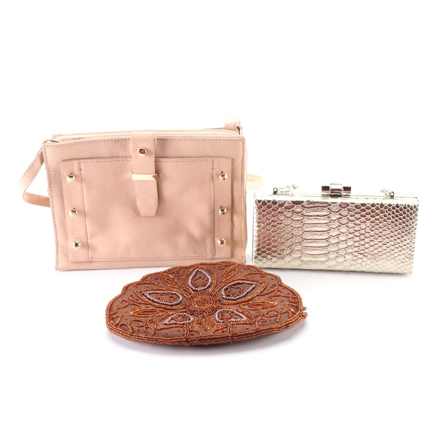 Studded Leather Crossbody, Metallic Embossed Evening Bag, and Beaded Clutch