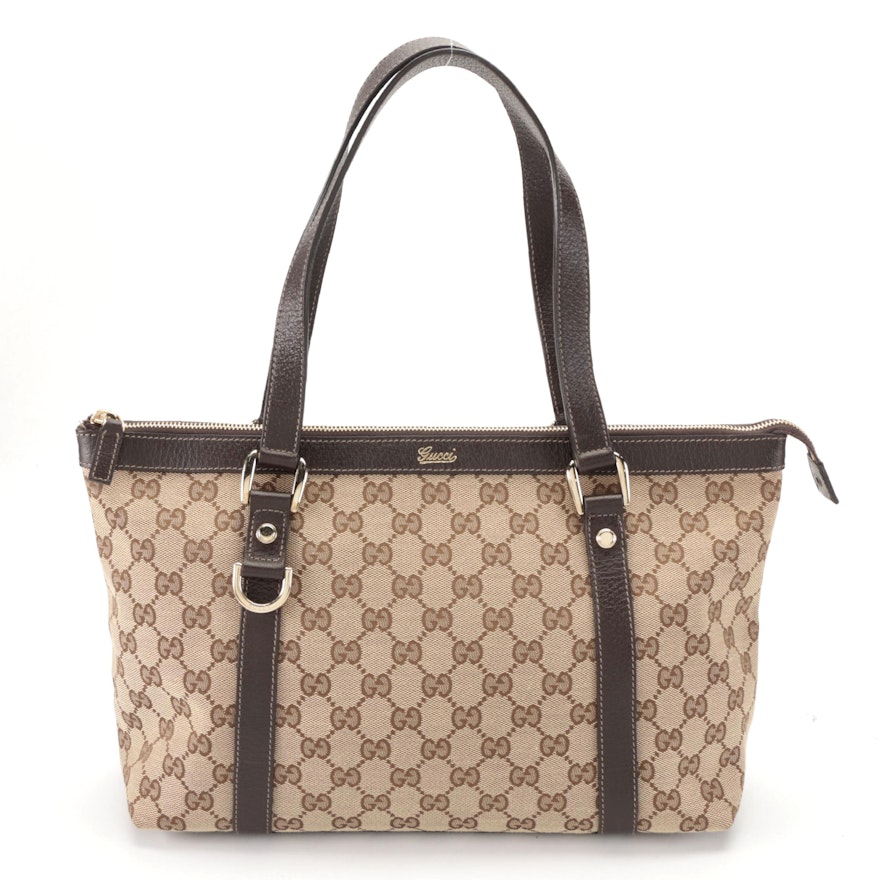 Gucci Abbey Medium Shoulder Tote in GG Canvas and Brown Cinghiale Leather