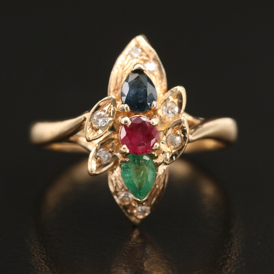 14K Ruby, Emerald and Diamond Ring