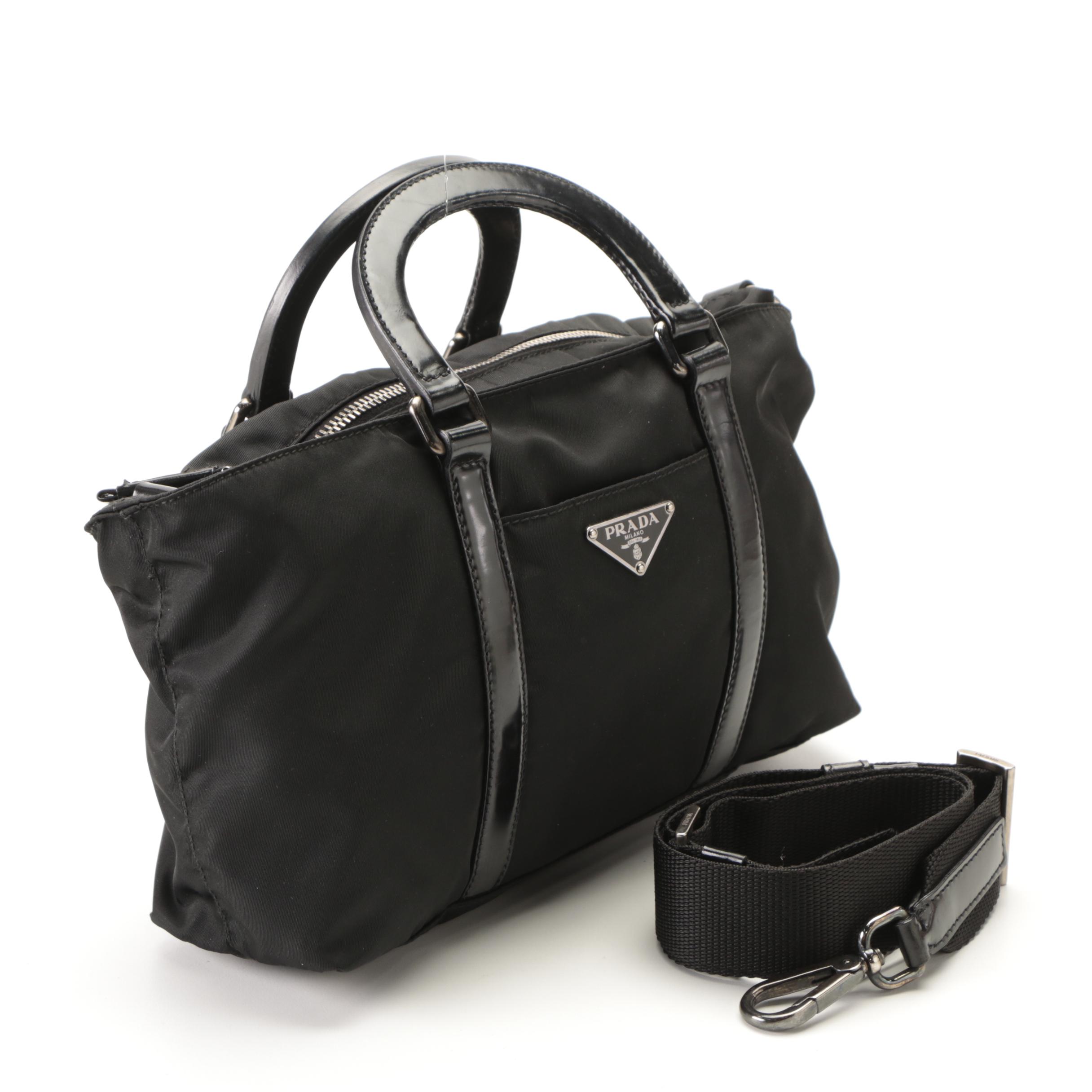 Prada Small Tessuto Shopper Tote in Black Nylon and Patent Leather