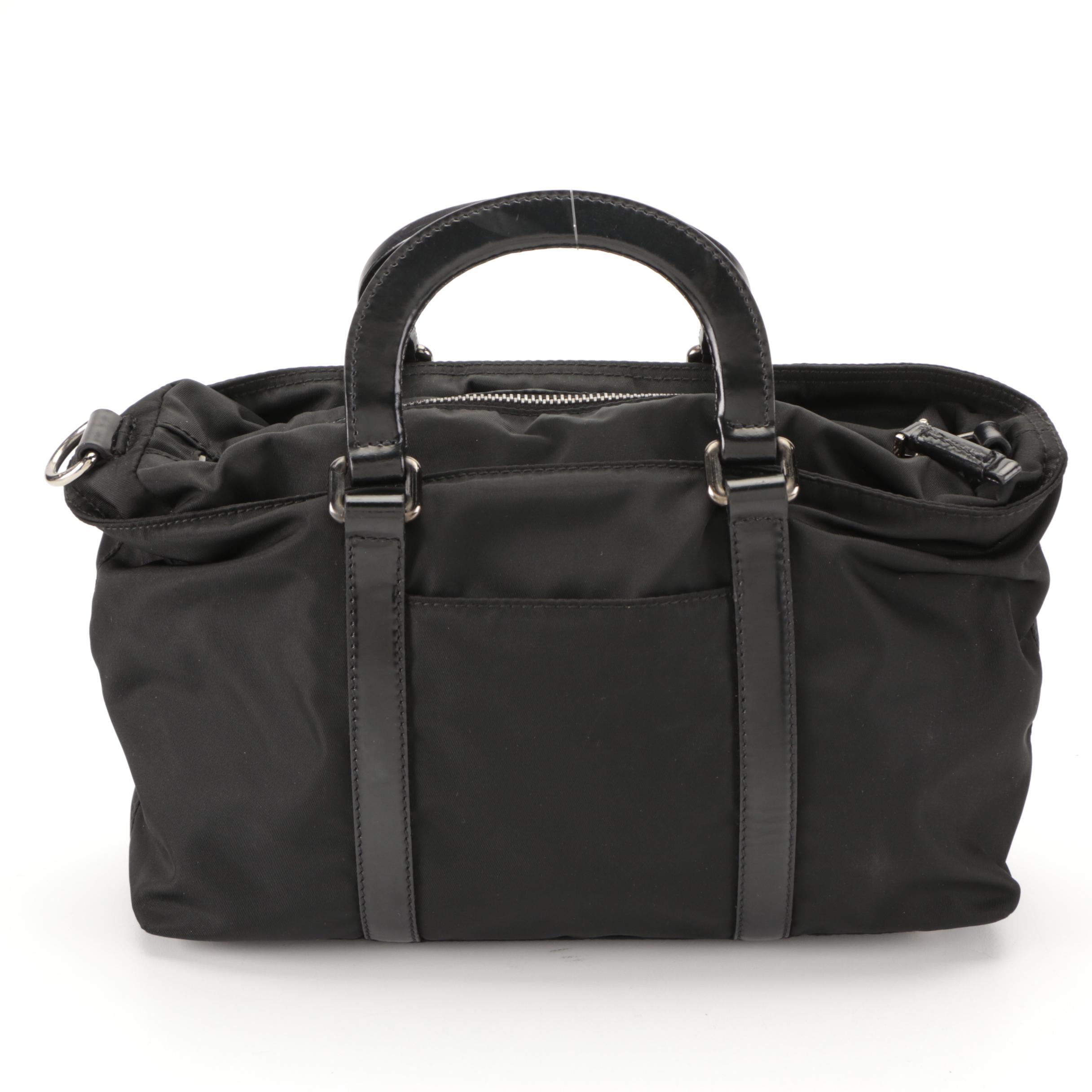 Prada Small Tessuto Shopper Tote in Black Nylon and Patent Leather