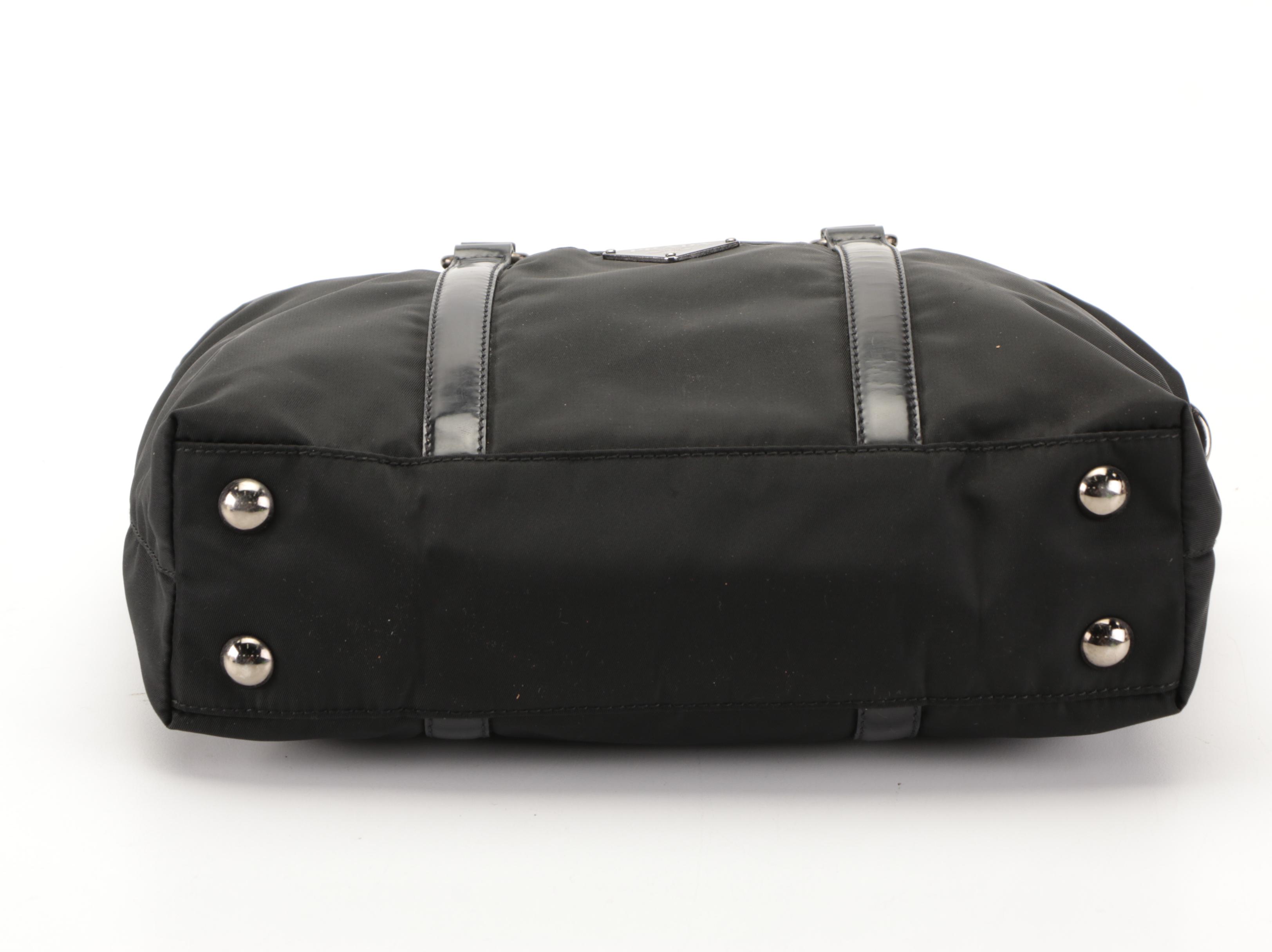 Prada Small Tessuto Shopper Tote in Black Nylon and Patent Leather