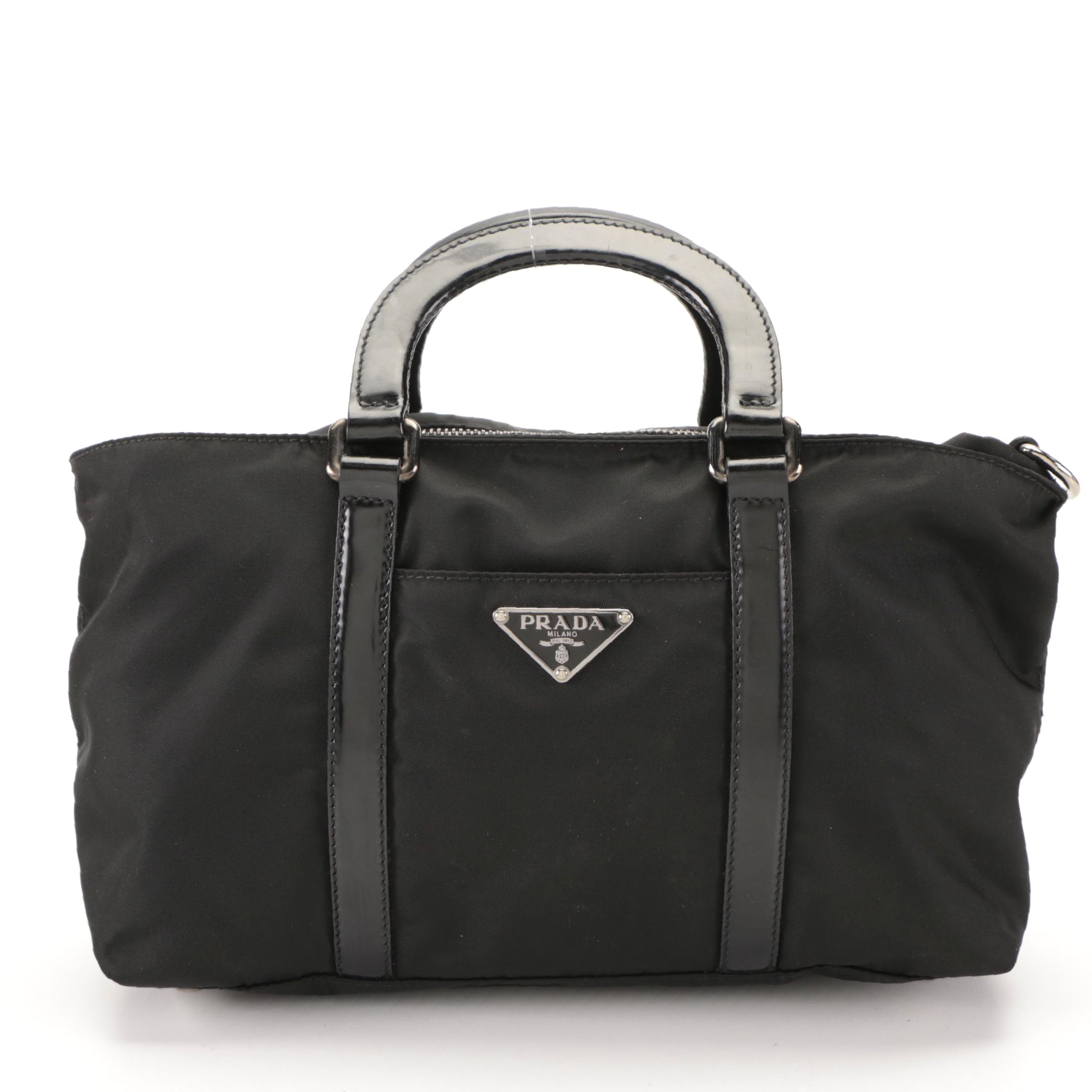 Prada Small Tessuto Shopper Tote in Black Nylon and Patent Leather
