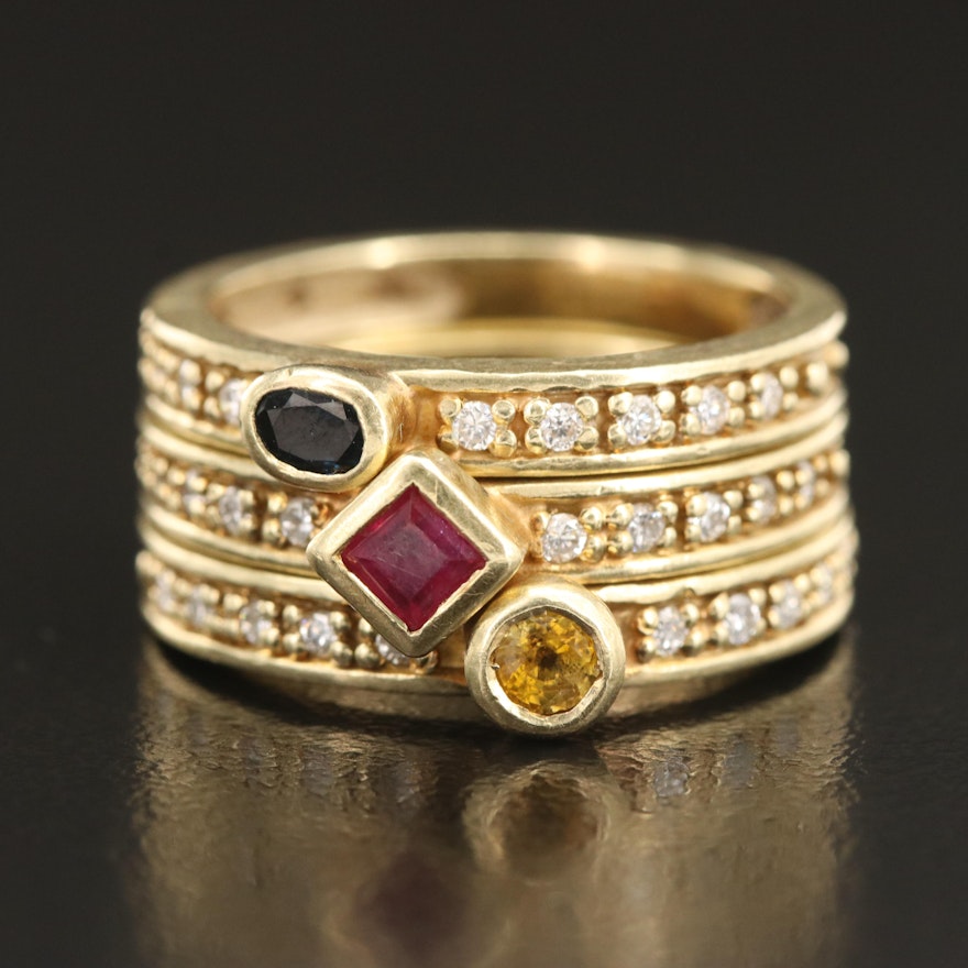 14K Ruby, Sapphire and Diamond Stacking Rings