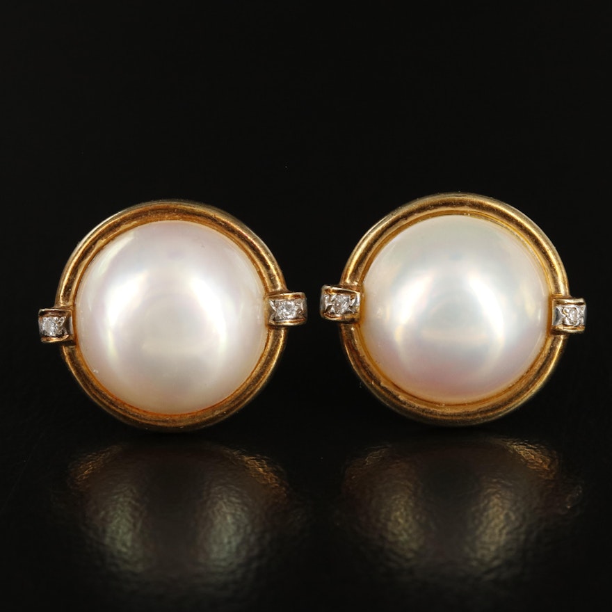 14K 13.00 mm Round Mabé Pearl and Diamond Button Earrings
