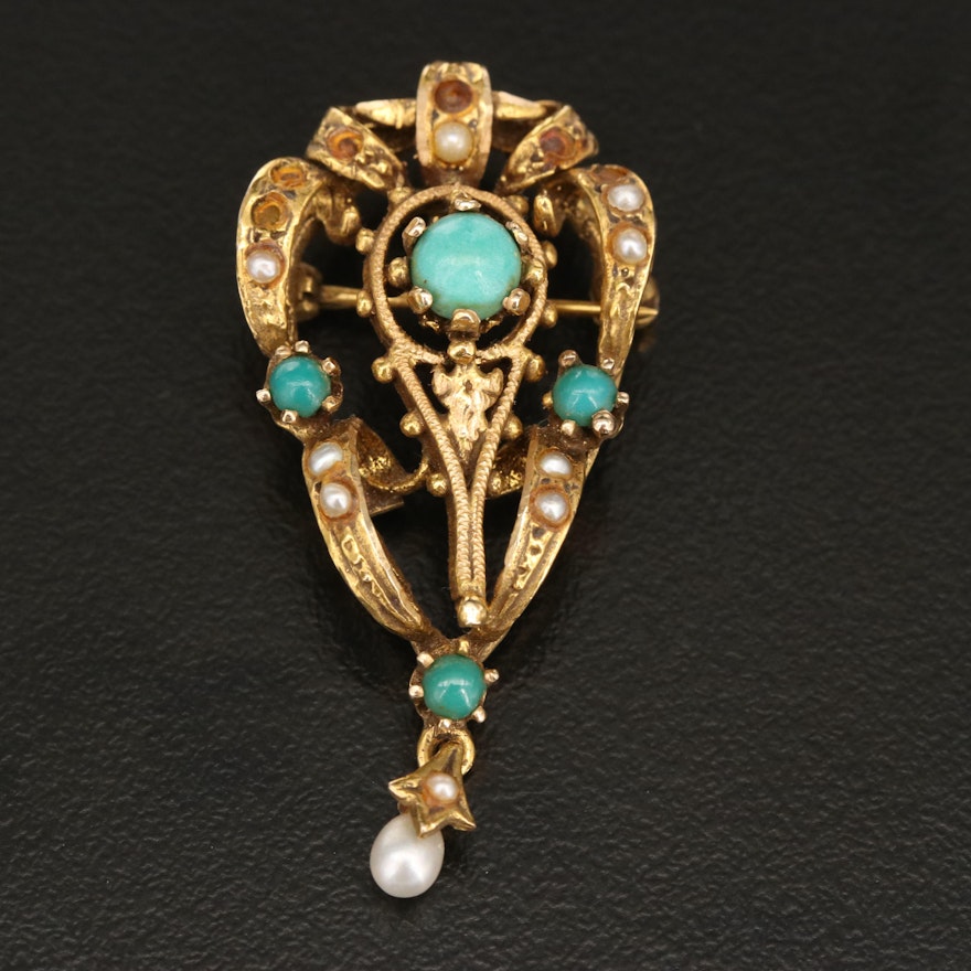 Vintage Style 14K Turquoise, Pearl and Seed Pearl Converter Brooch