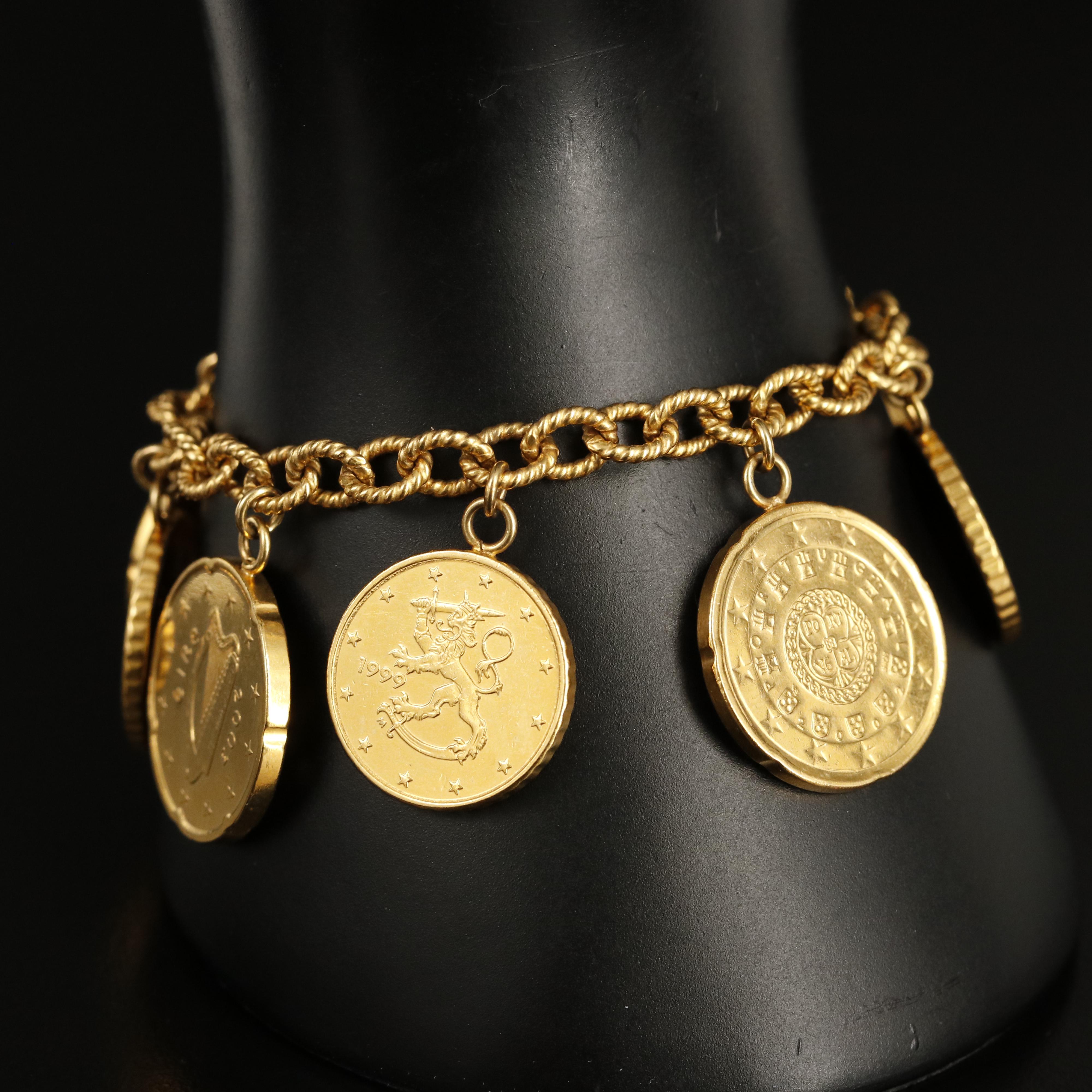 Italian Sterling Bracelet with Various Modern Gold Toned Euro Coins