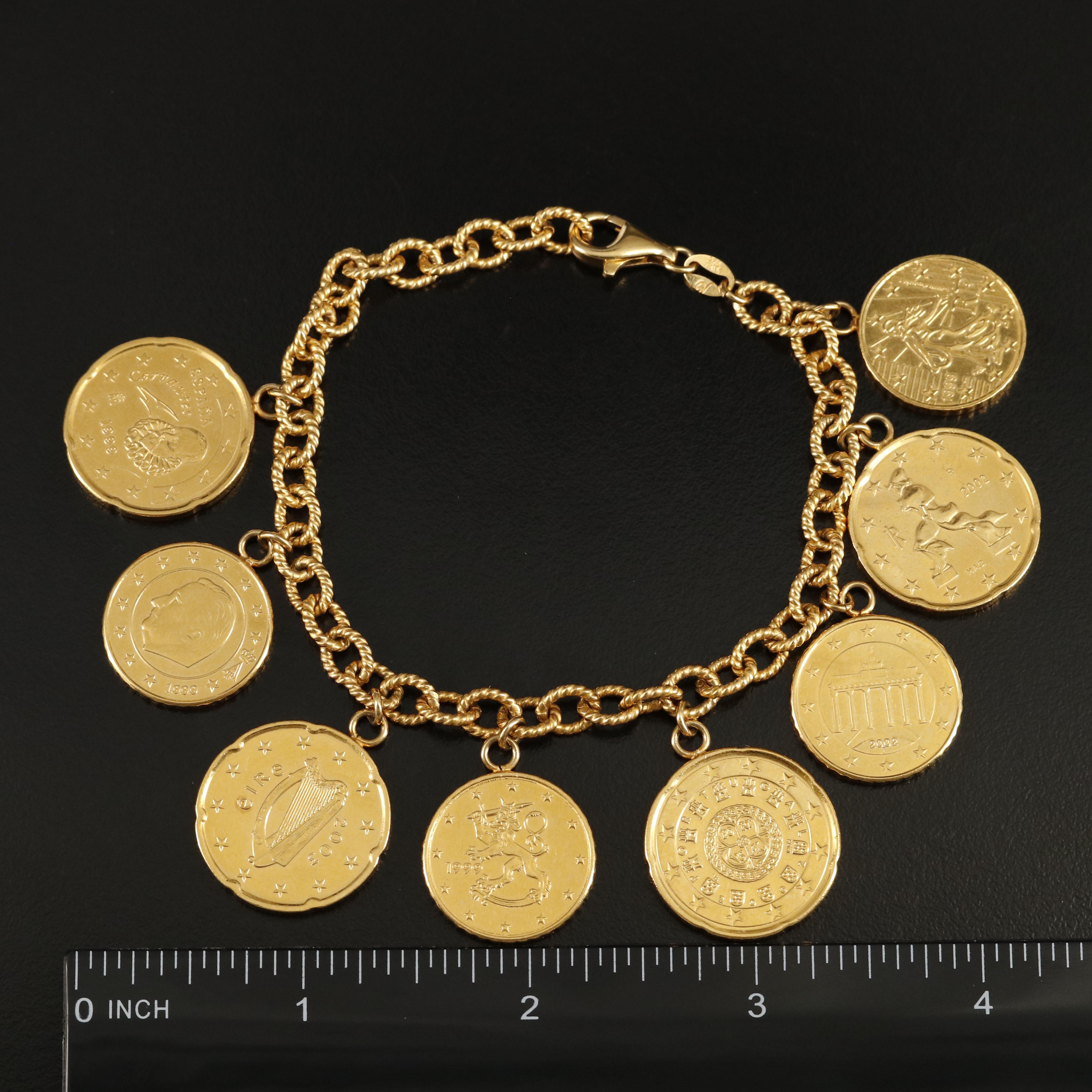Italian Sterling Bracelet with Various Modern Gold Toned Euro Coins