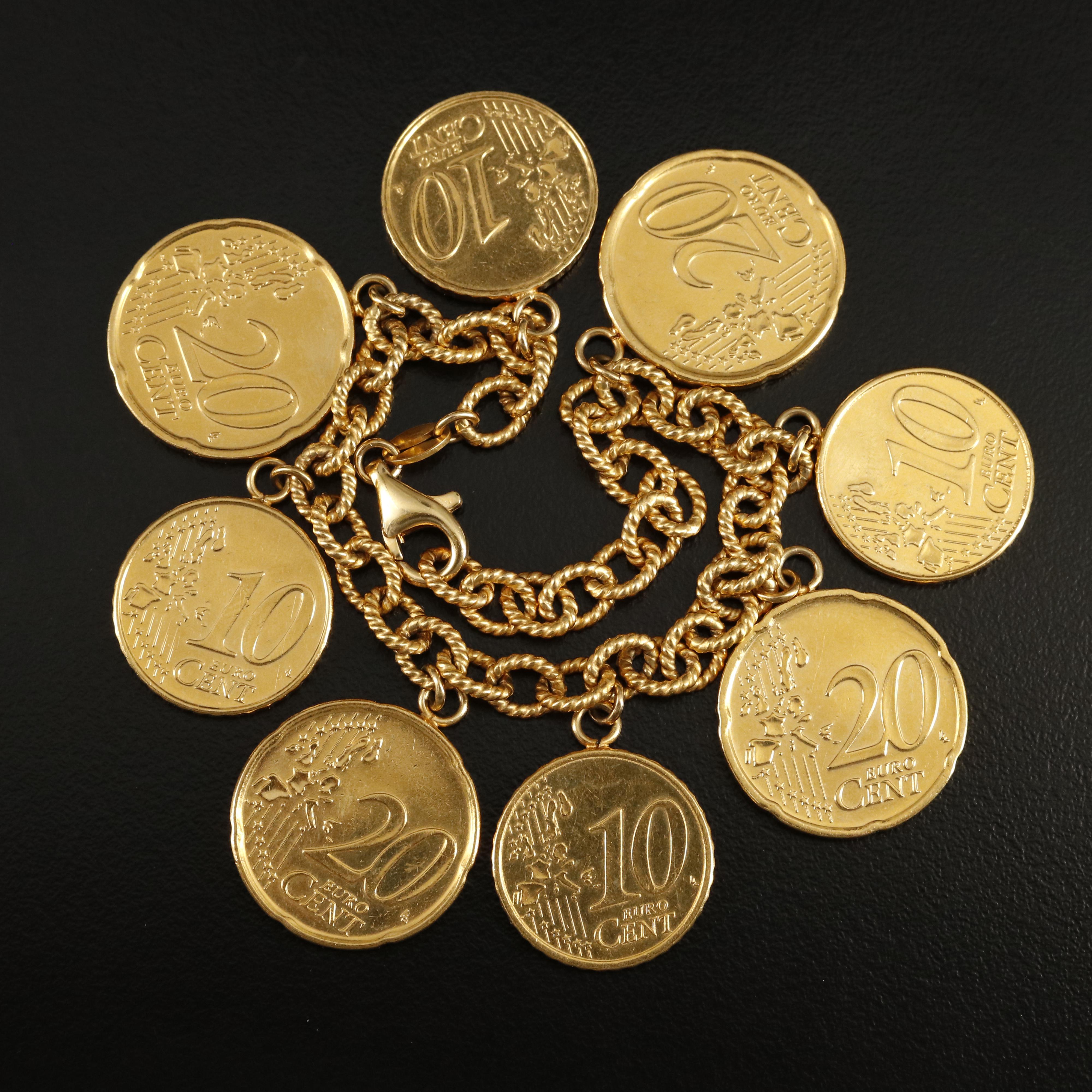 Italian Sterling Bracelet with Various Modern Gold Toned Euro Coins
