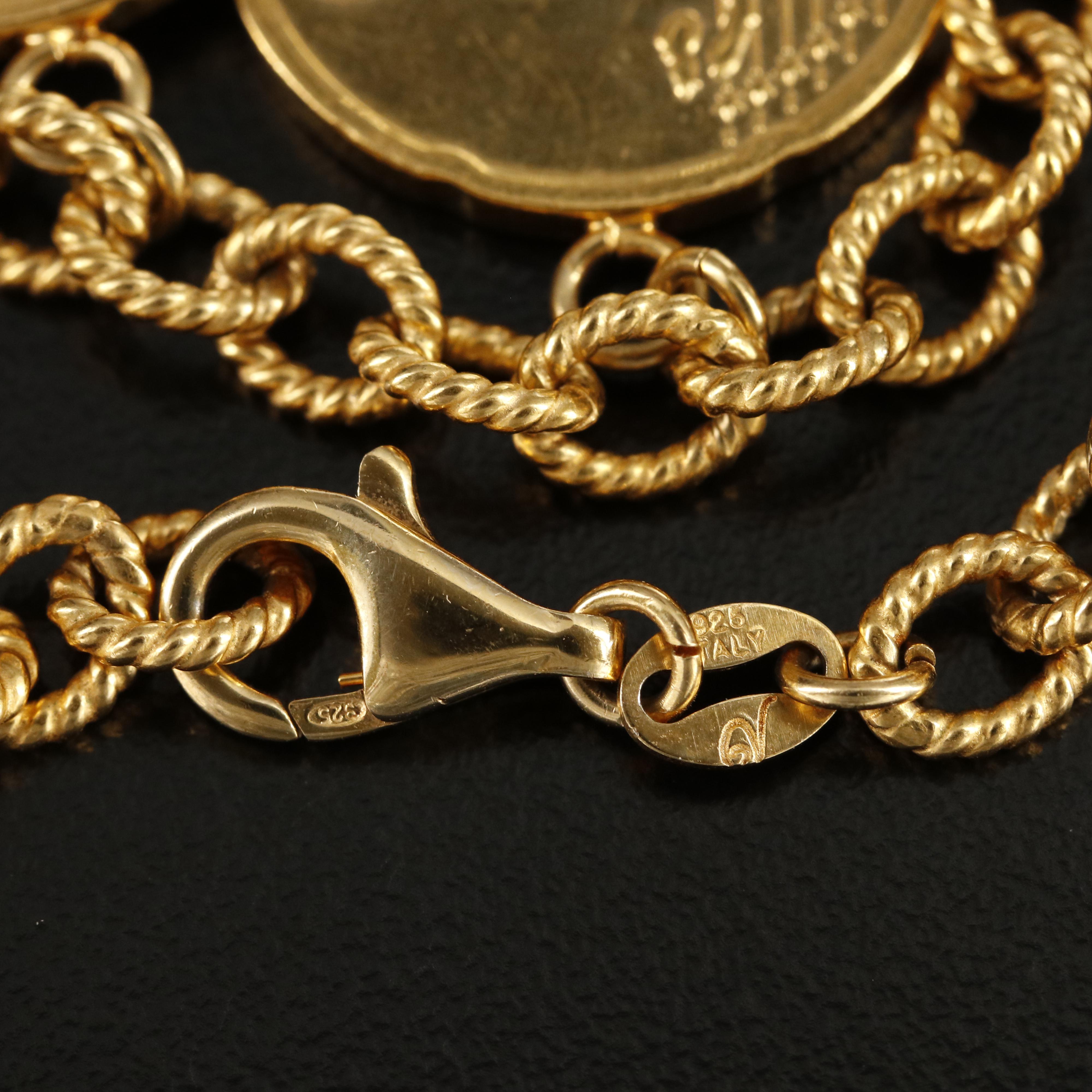 Italian Sterling Bracelet with Various Modern Gold Toned Euro Coins