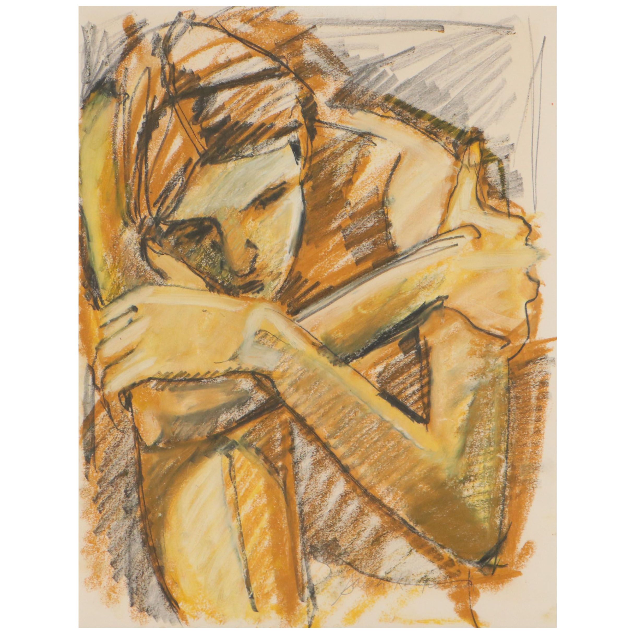 Sarah Roush Mixed Media Drawing of Crouching Figure