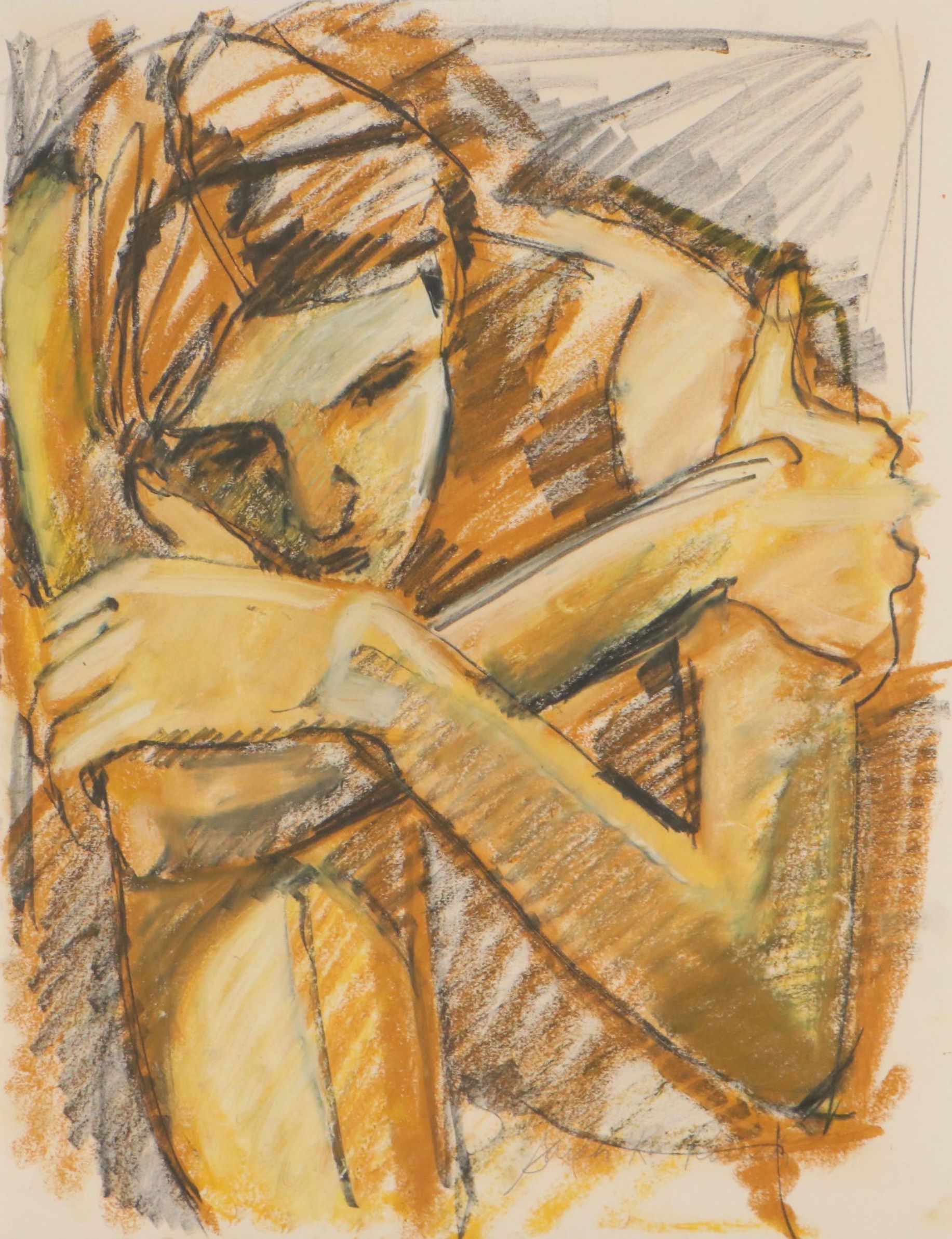 Sarah Roush Mixed Media Drawing of Crouching Figure