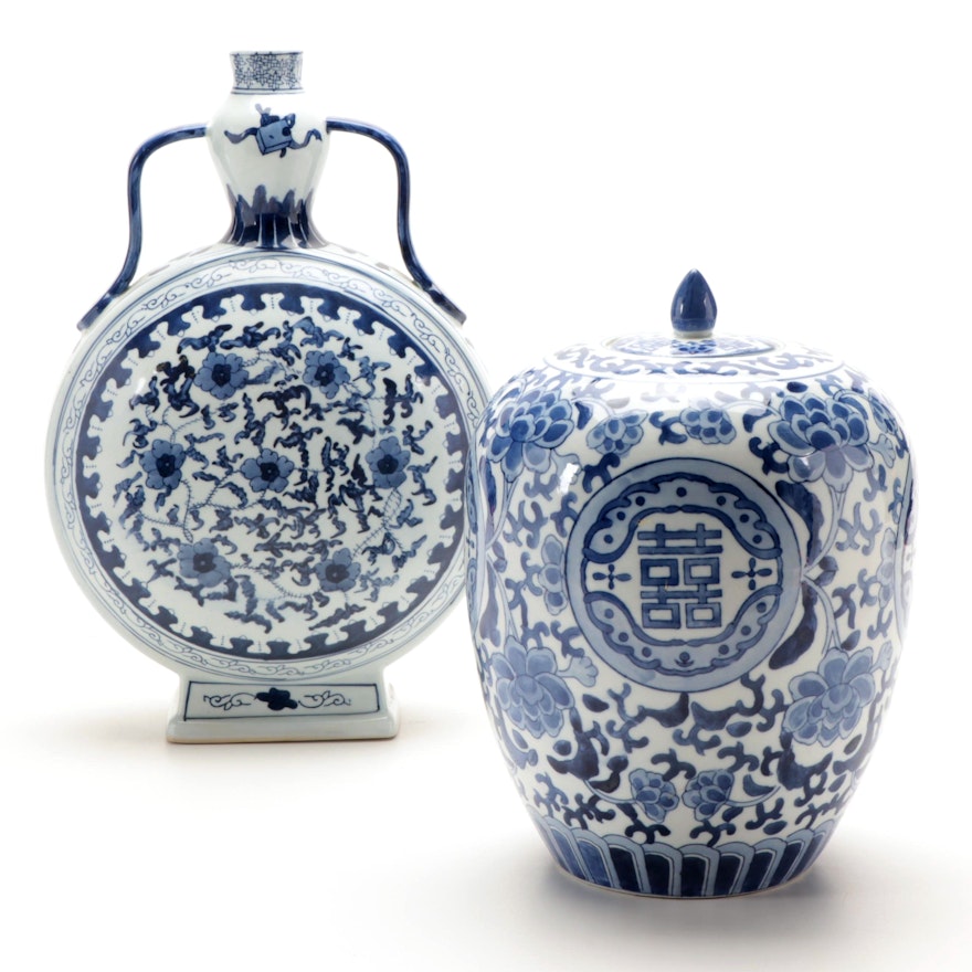 Chinese Blue and White Porcelain Moon Flask Vase and Melon Jar