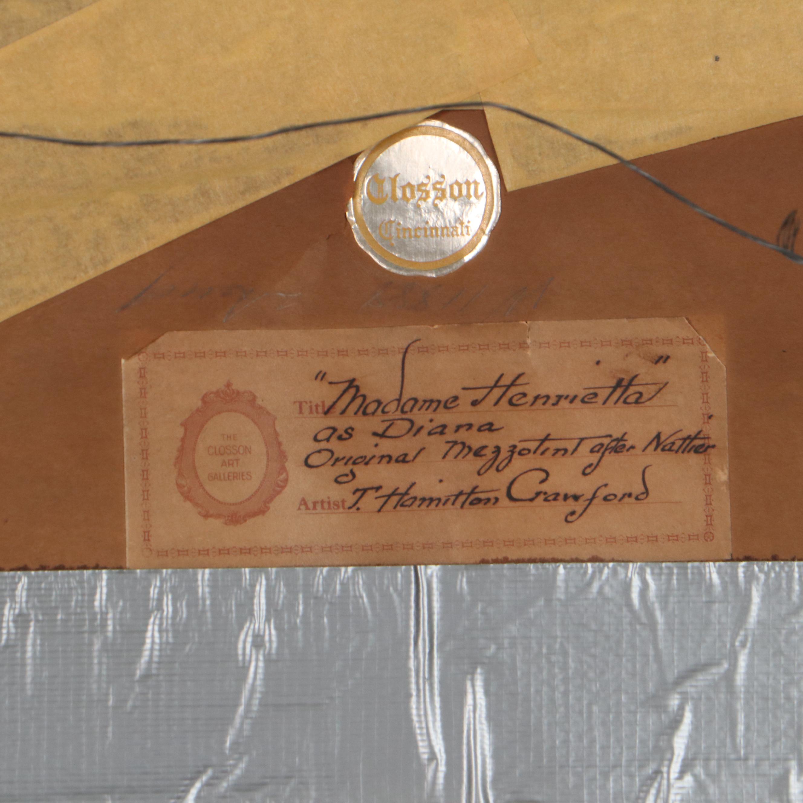 Thomas Crawford Hand-Colored Mezzotint "Madame Bergeret de Frouville as Diana"