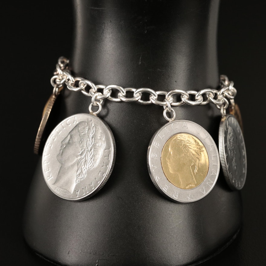 Milor Sterling Bracelet with Various Denomination Italian Coins