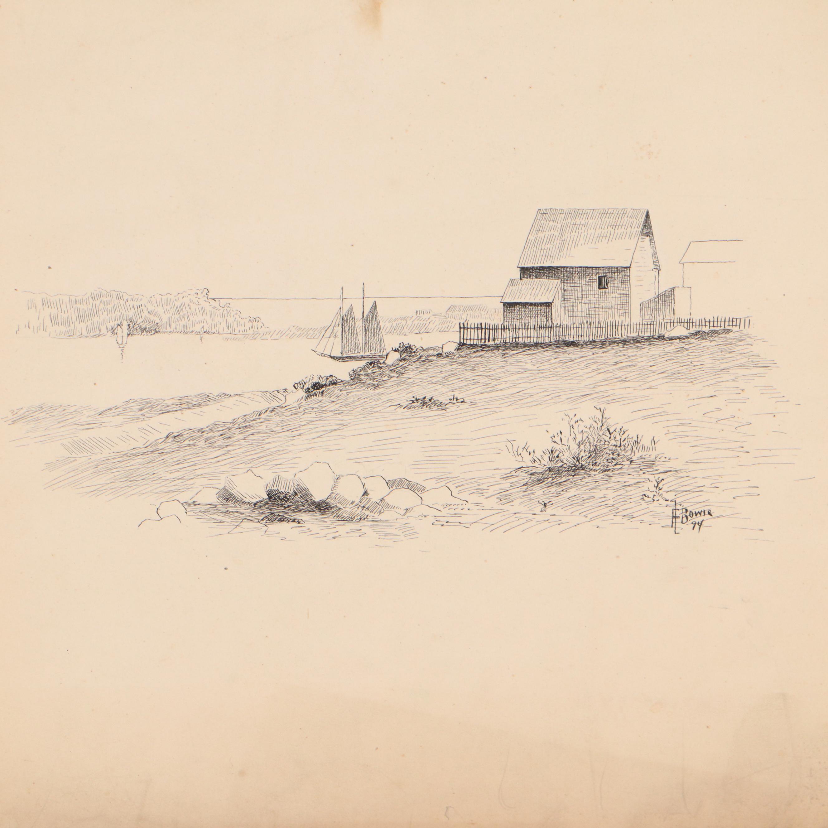 Frank L. Bowie Harbor Landscape Pen and Ink Drawing, 1894