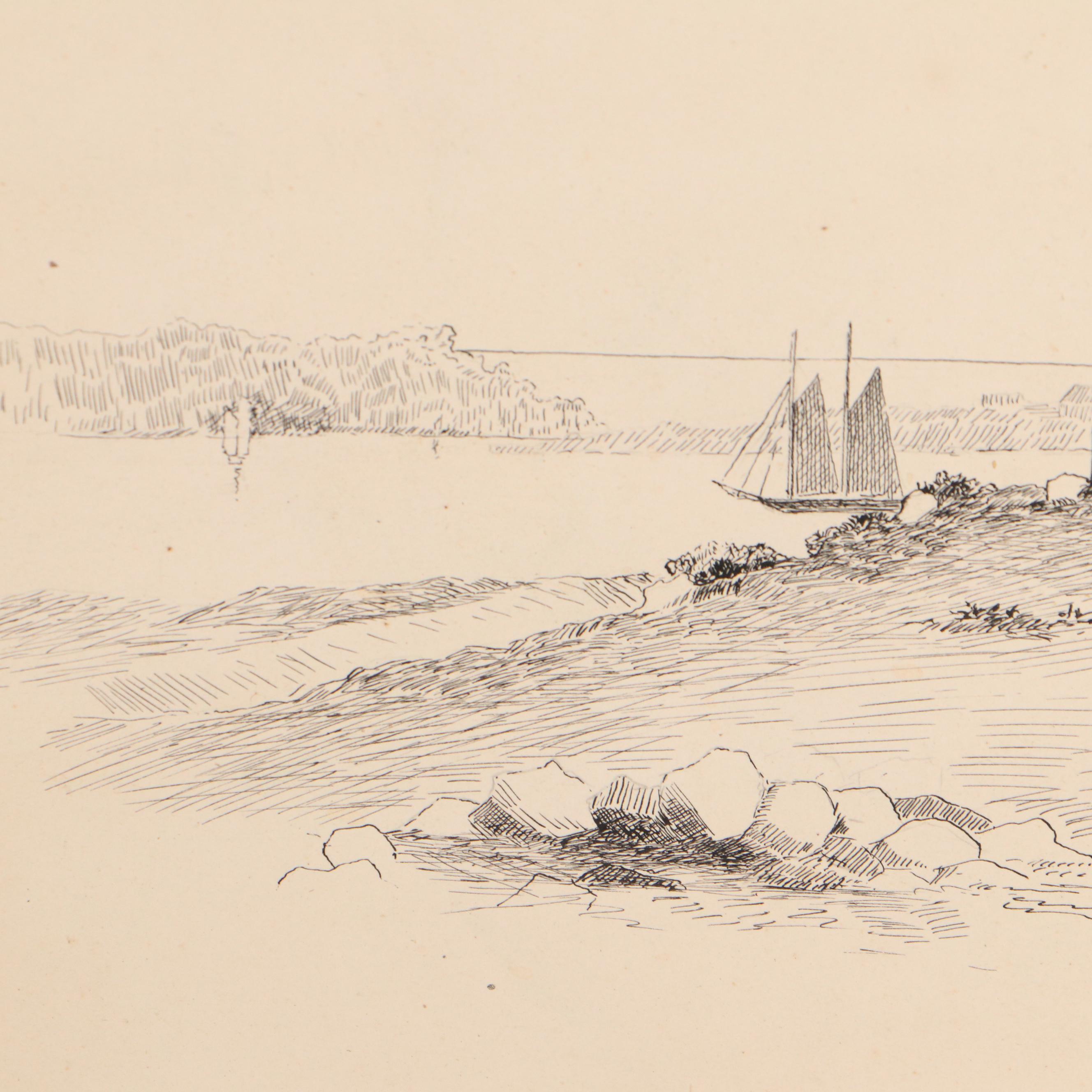 Frank L. Bowie Harbor Landscape Pen and Ink Drawing, 1894