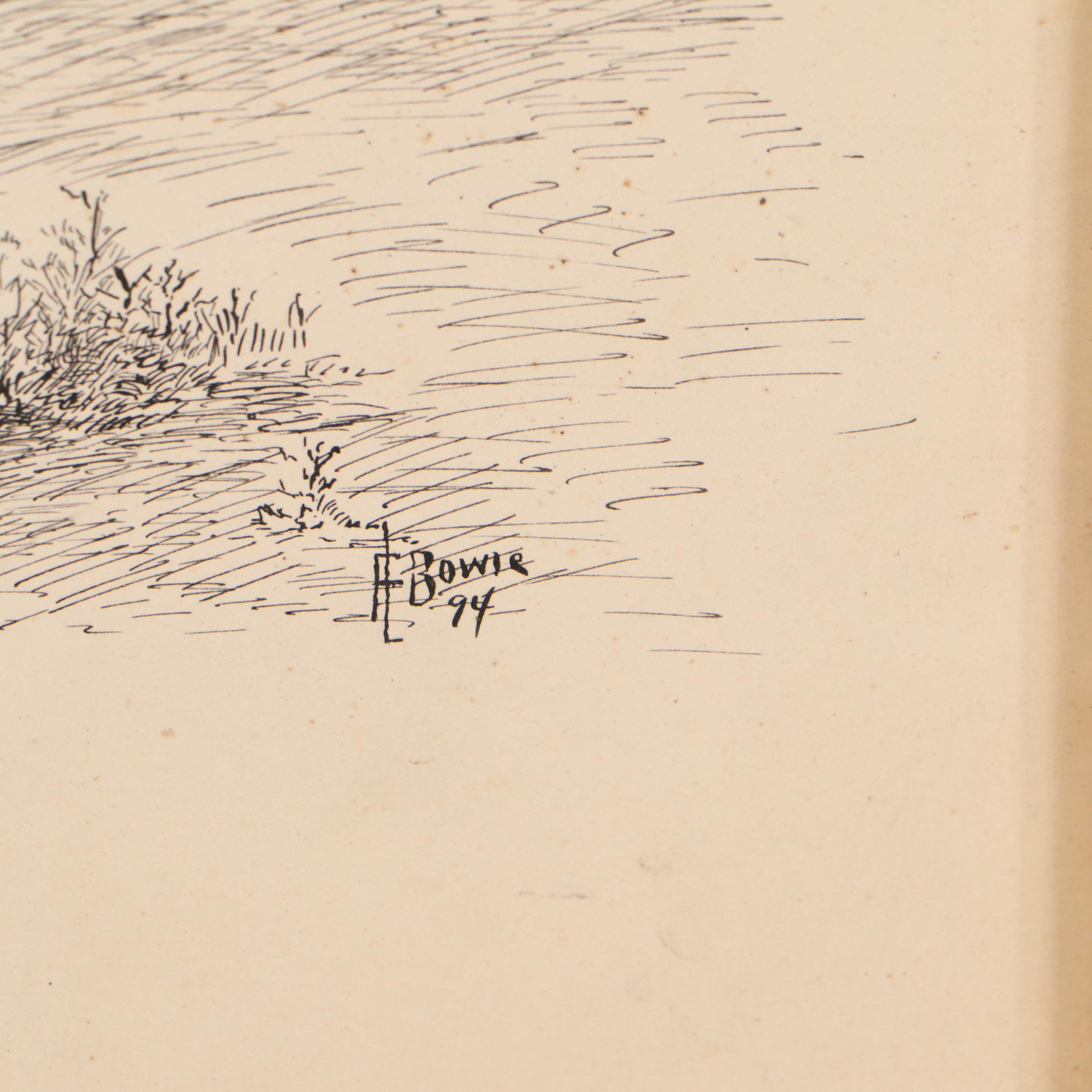 Frank L. Bowie Harbor Landscape Pen and Ink Drawing, 1894