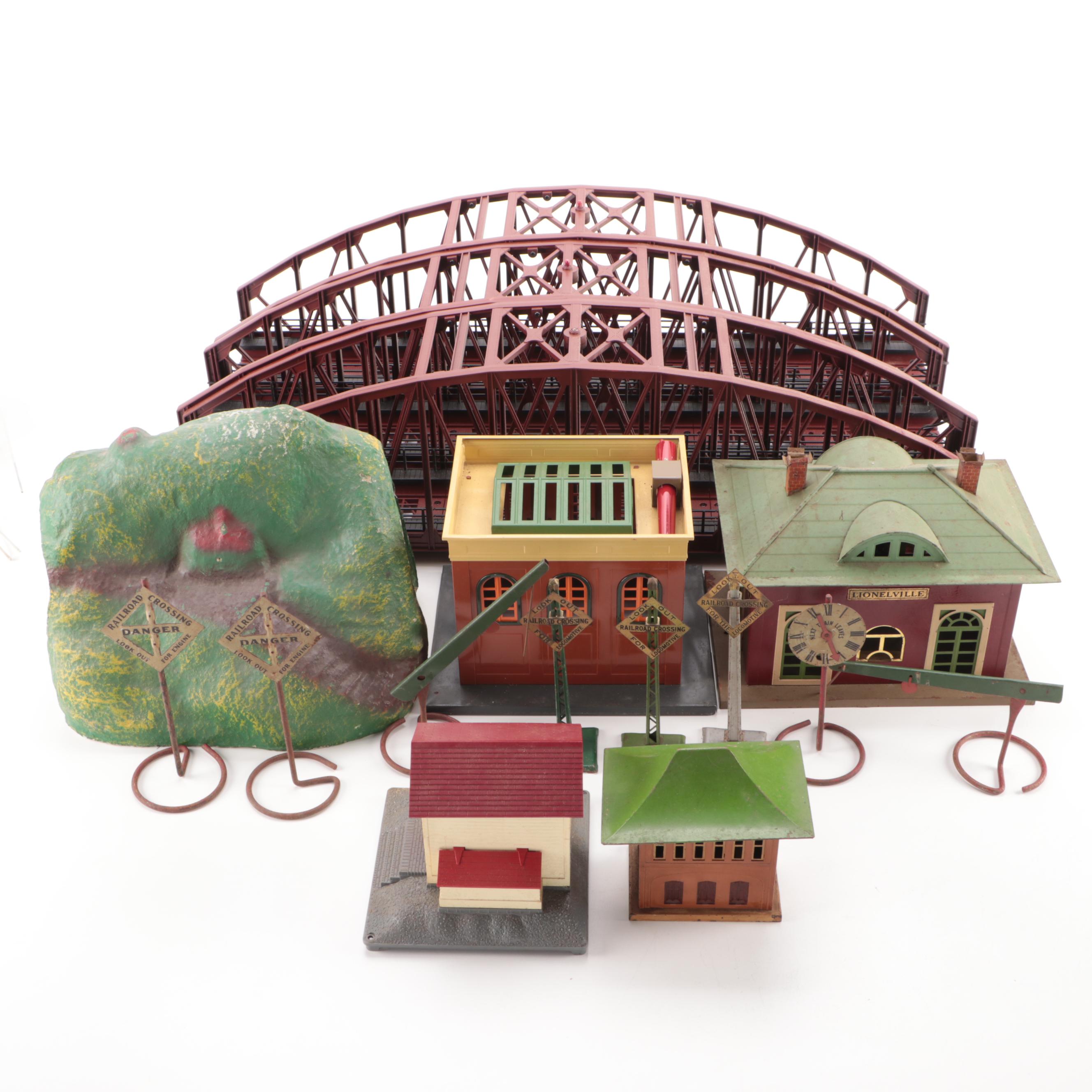 Lionel O Guage Train Station with Other Lionel Buildings and MTH Bridges