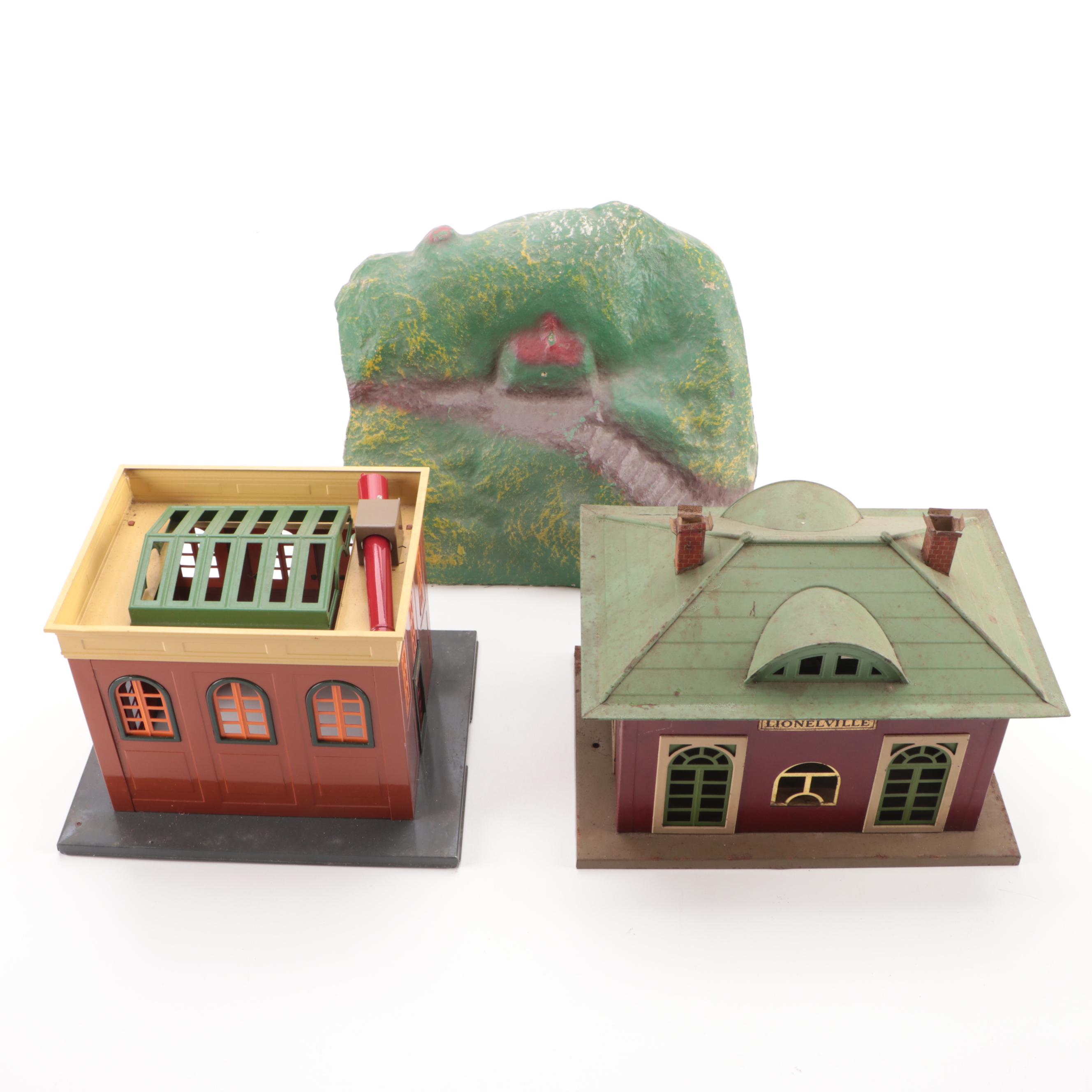 Lionel O Guage Train Station with Other Lionel Buildings and MTH Bridges