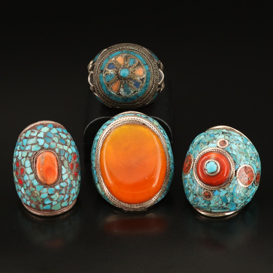 Vintage Middle Eastern  Featuring Afghanistan Coral and Stone Chip Rings