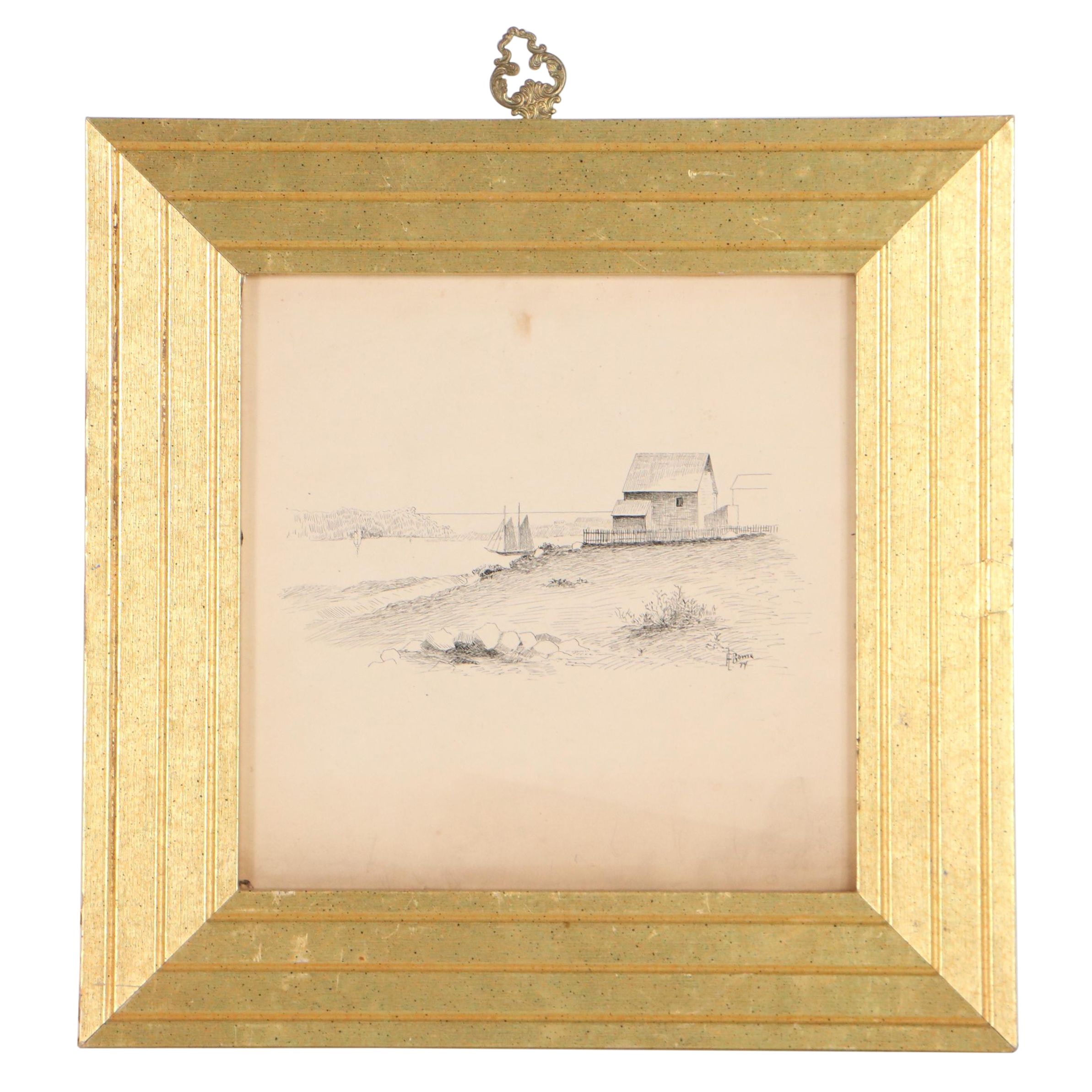 Frank L. Bowie Harbor Landscape Pen and Ink Drawing, 1894
