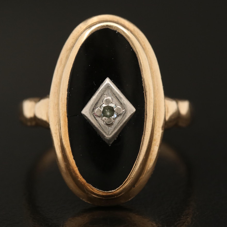 Antique 10K Black Onyx and Diamond Ring