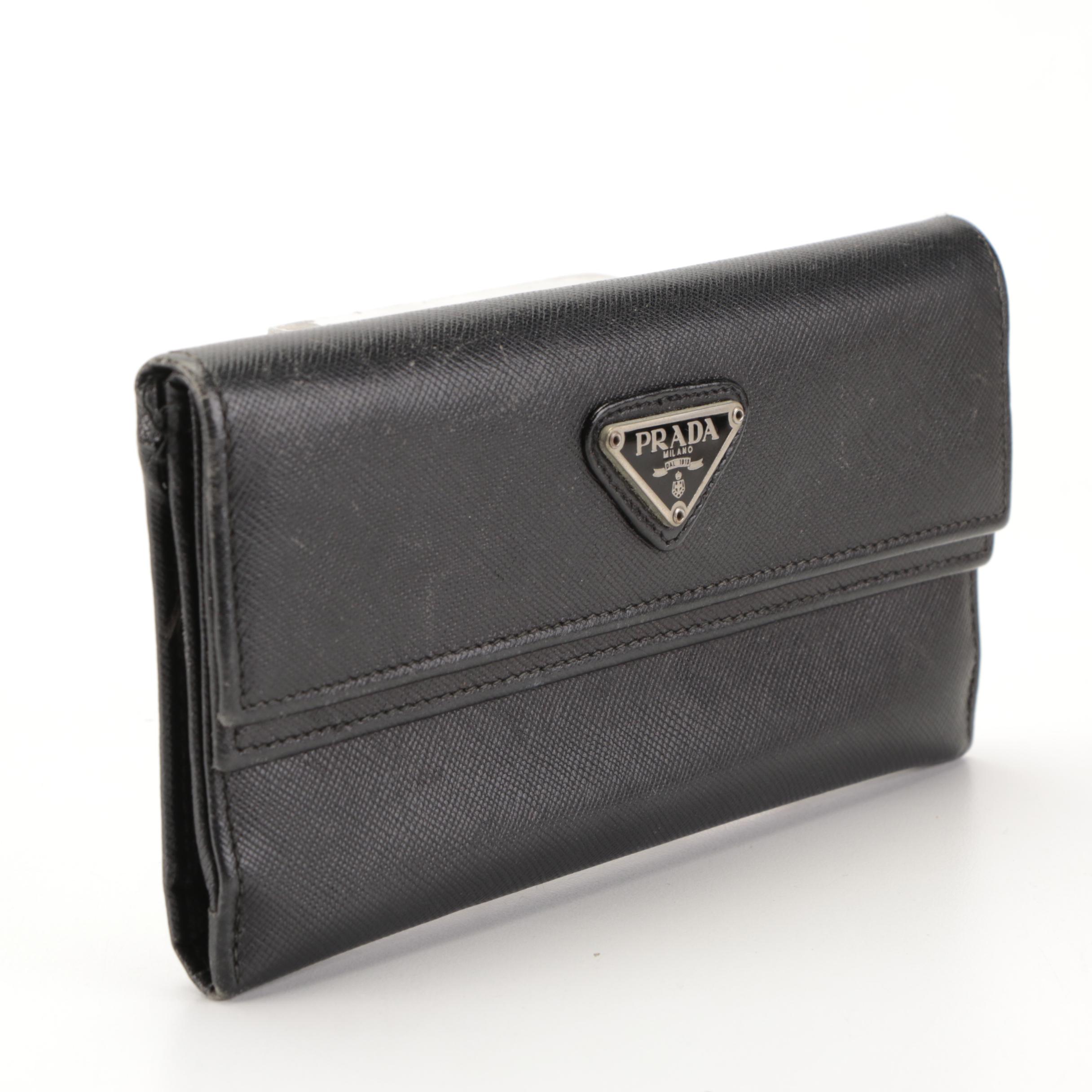 Prada Double Flap Long Wallet in Black Saffiano Leather