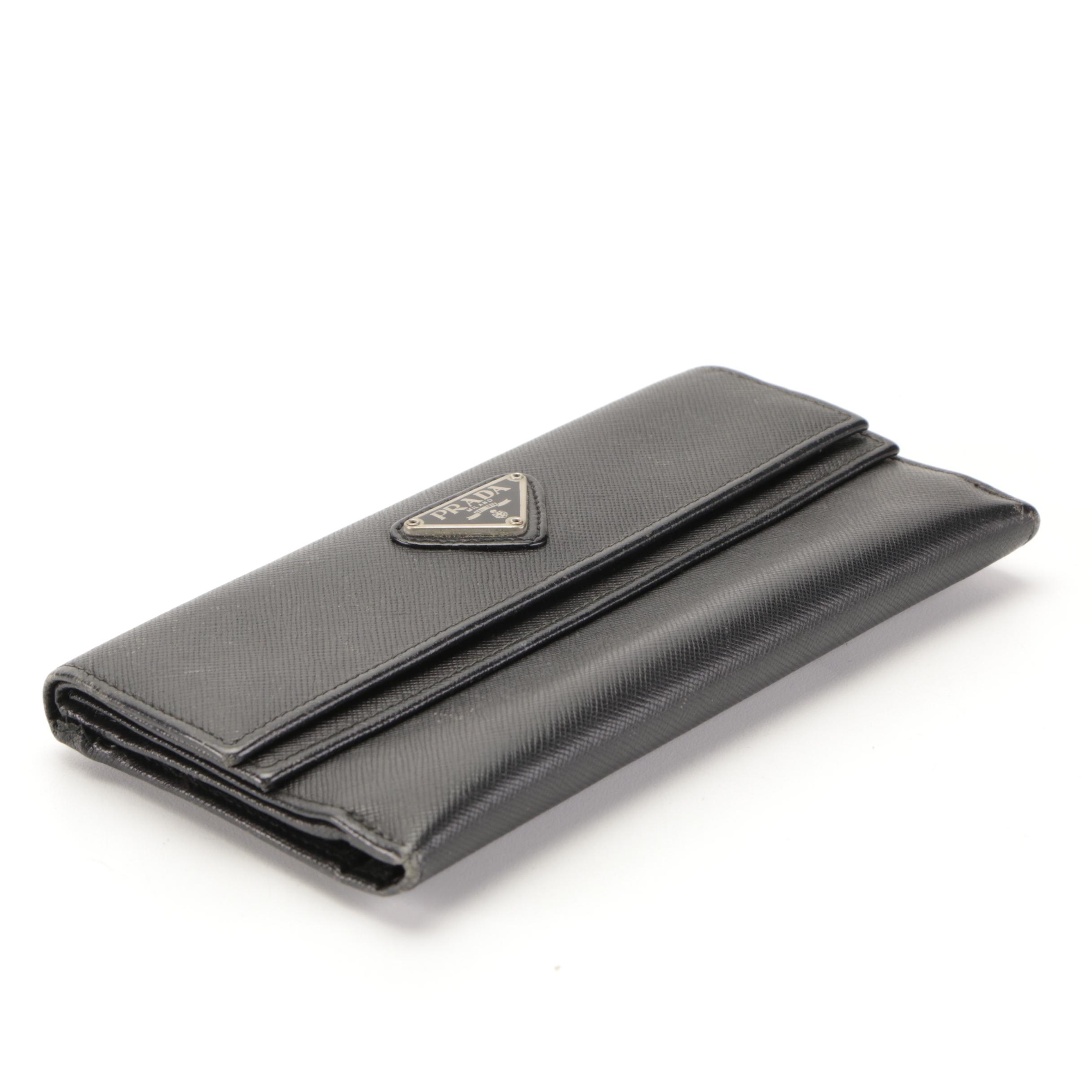 Prada Double Flap Long Wallet in Black Saffiano Leather