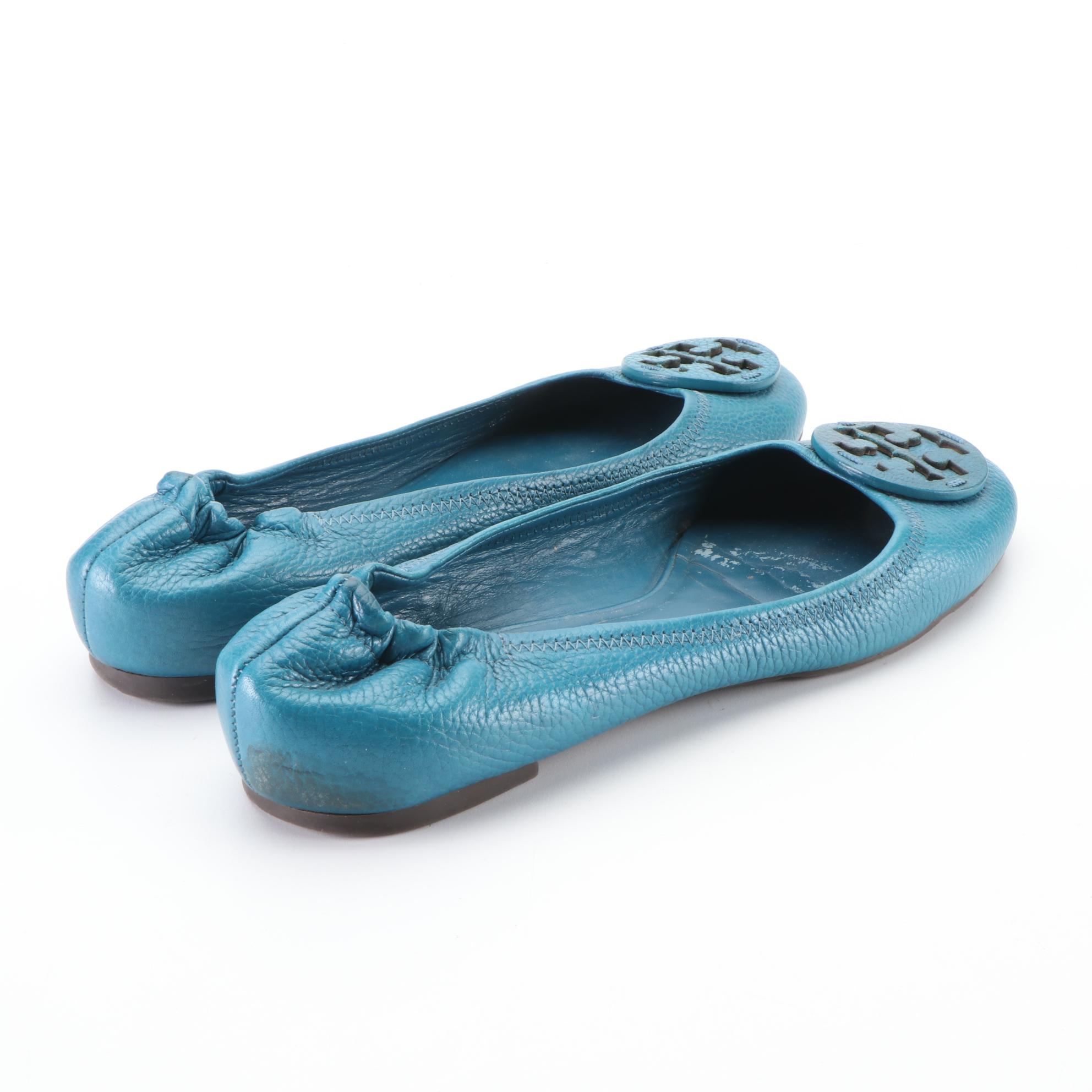 Tory Burch Reva Flats in Teal Blue Leather