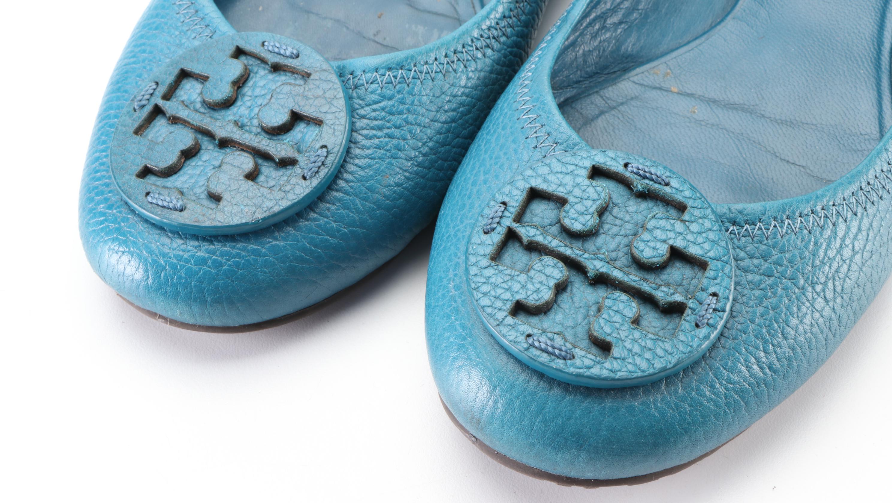 Tory Burch Reva Flats in Teal Blue Leather