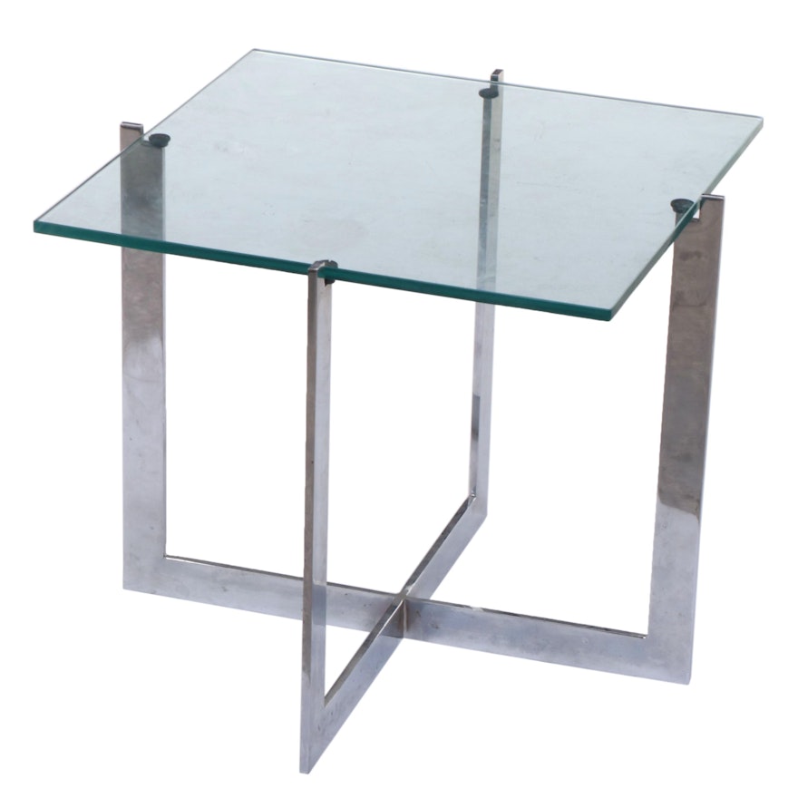 Modern Chromed Metal and Glass Side Table