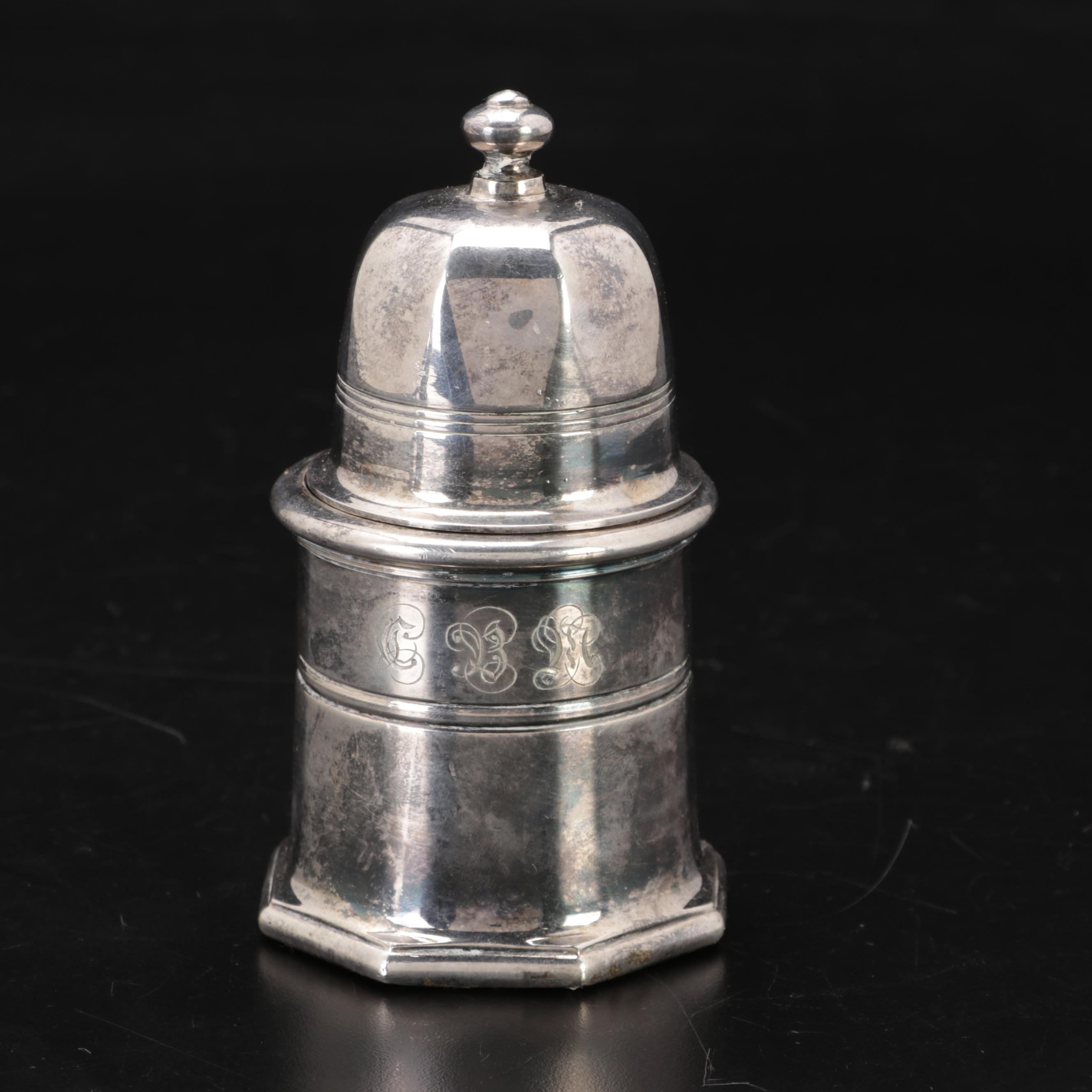 Christofle Silverplate Lidded Container, Wolf Head Stirrup Cups and Peppermill