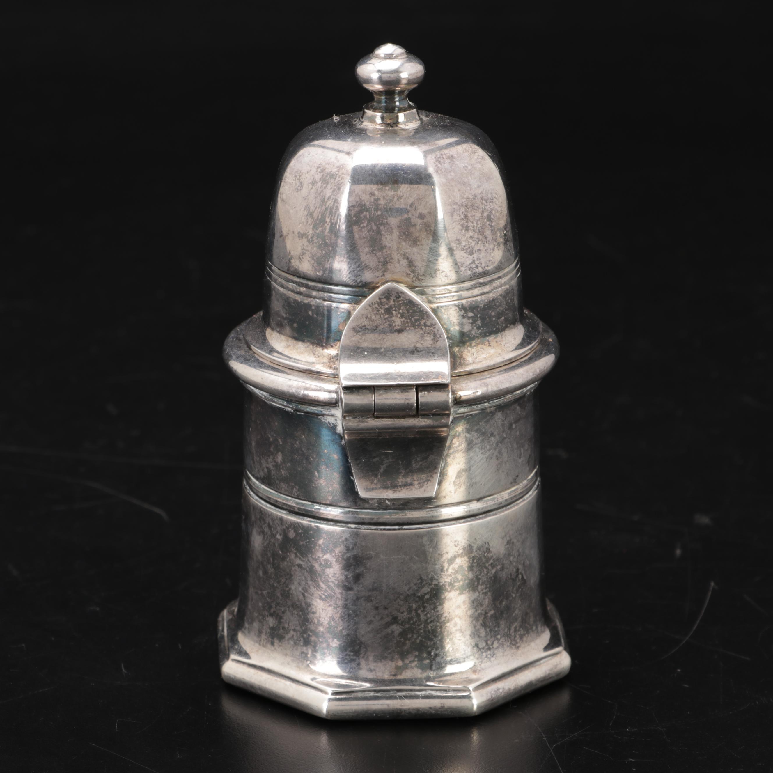 Christofle Silverplate Lidded Container, Wolf Head Stirrup Cups and Peppermill