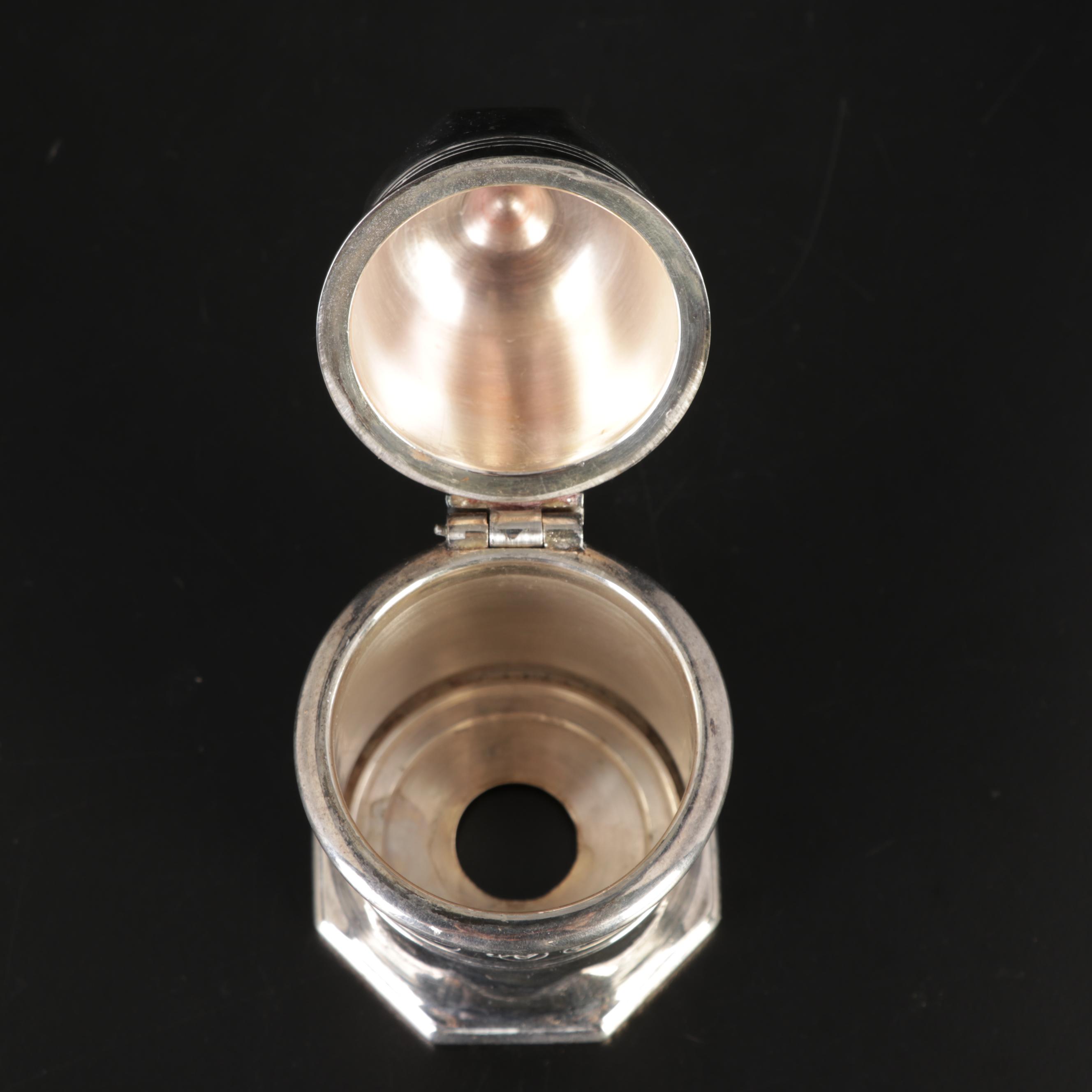 Christofle Silverplate Lidded Container, Wolf Head Stirrup Cups and Peppermill