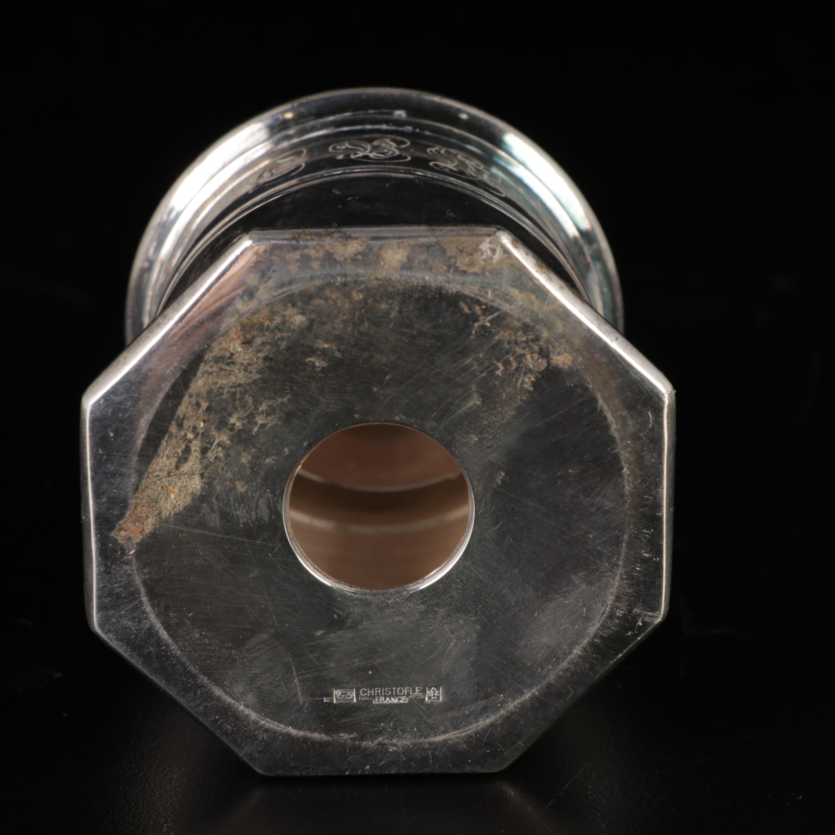 Christofle Silverplate Lidded Container, Wolf Head Stirrup Cups and Peppermill