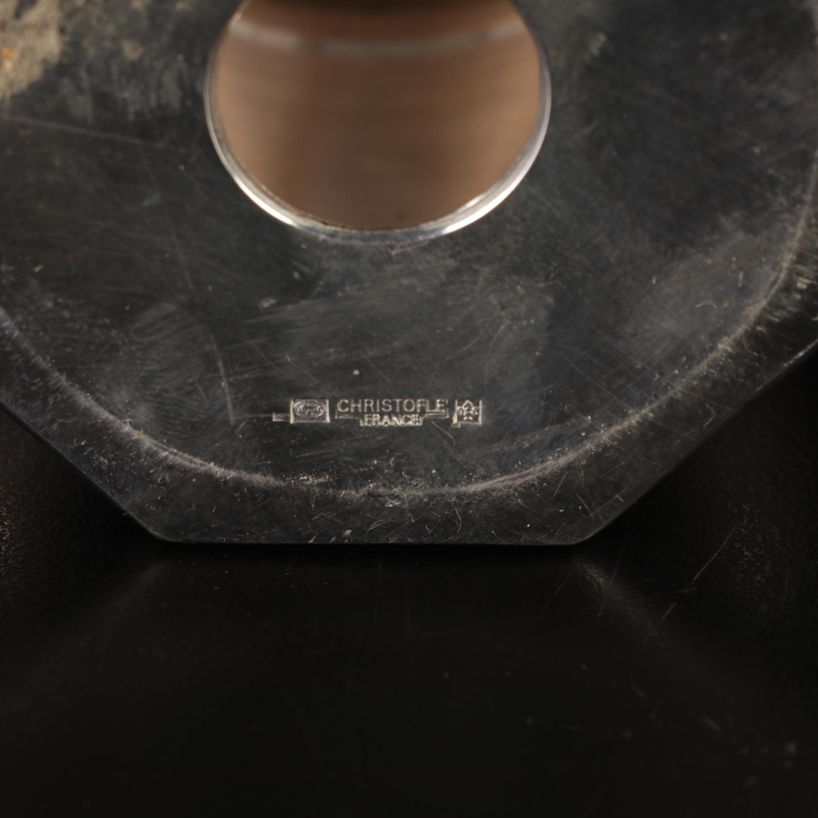 Christofle Silverplate Lidded Container, Wolf Head Stirrup Cups and Peppermill